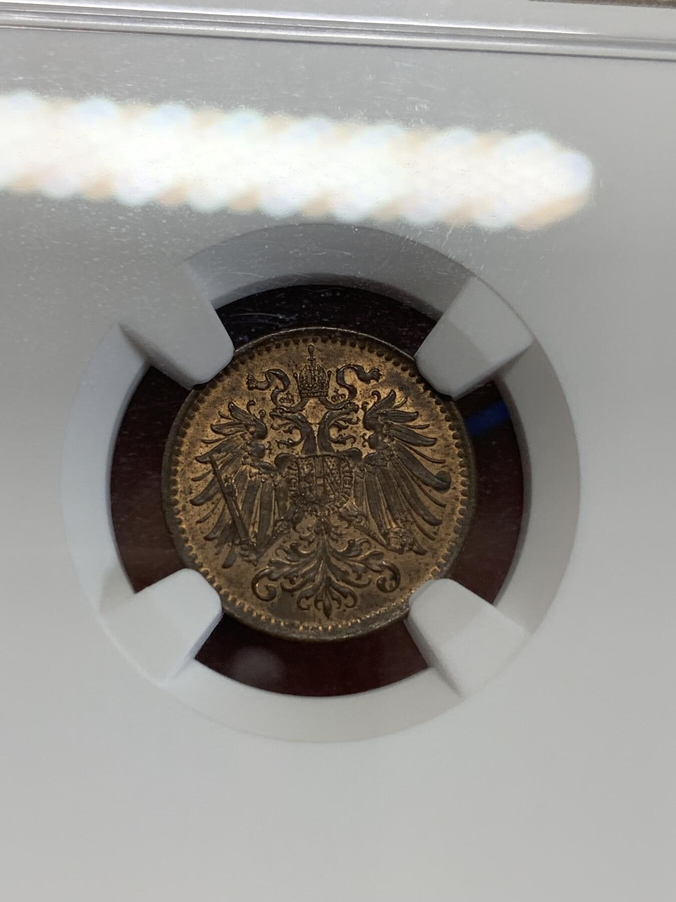 《竞宝斋》第279场- 周日，周一 ，周二3场连拍 （全场包邮） NGC MS63RB 奥匈帝国1897年1赫勒铜币 少见品种