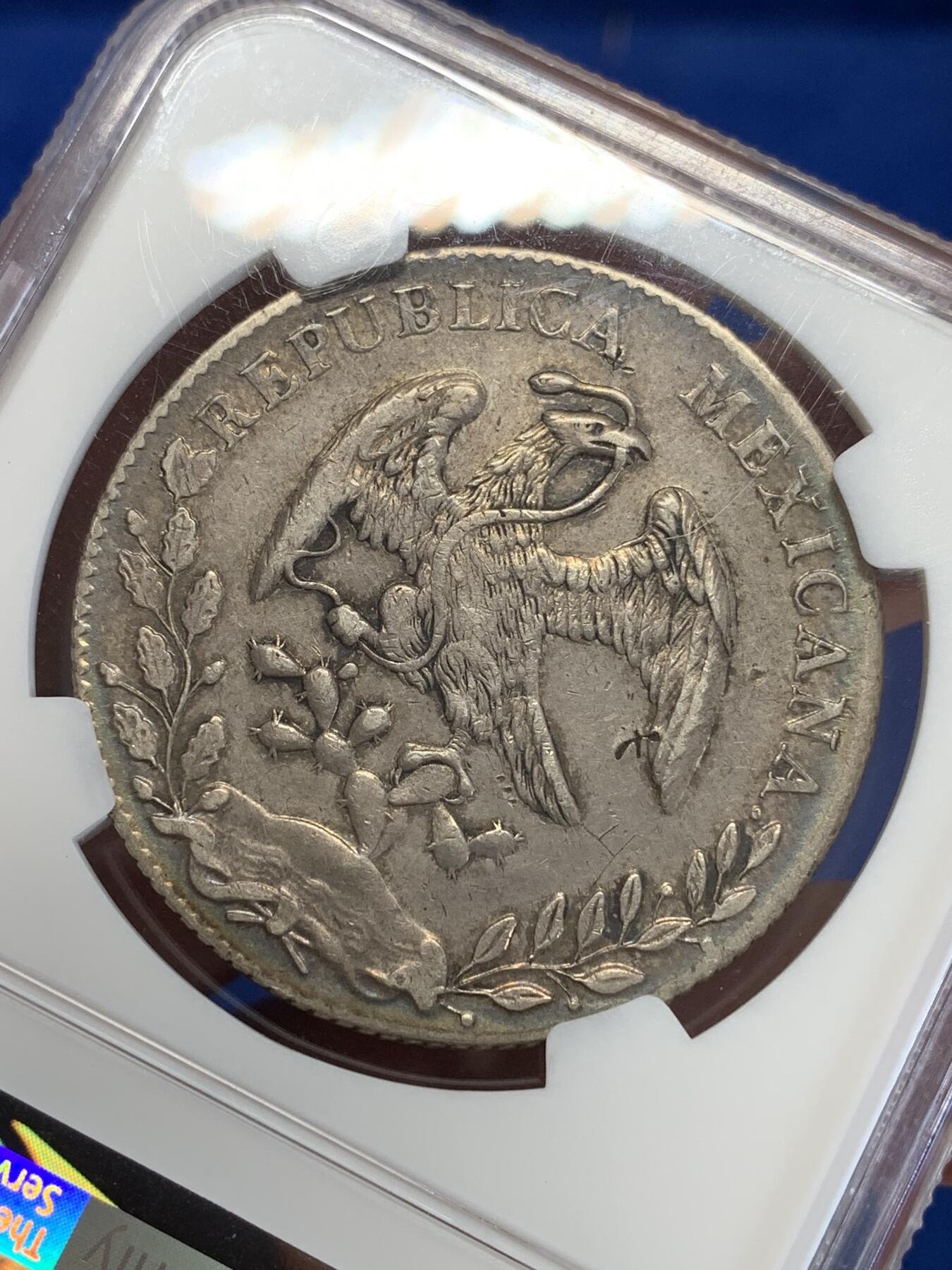 《竞宝斋》第279场- 周日，周一 ，周二3场连拍 （全场包邮） NGC XF 1894年墨西哥8里亚尔鹰洋 环五彩 在华流通老银元 包克旧藏