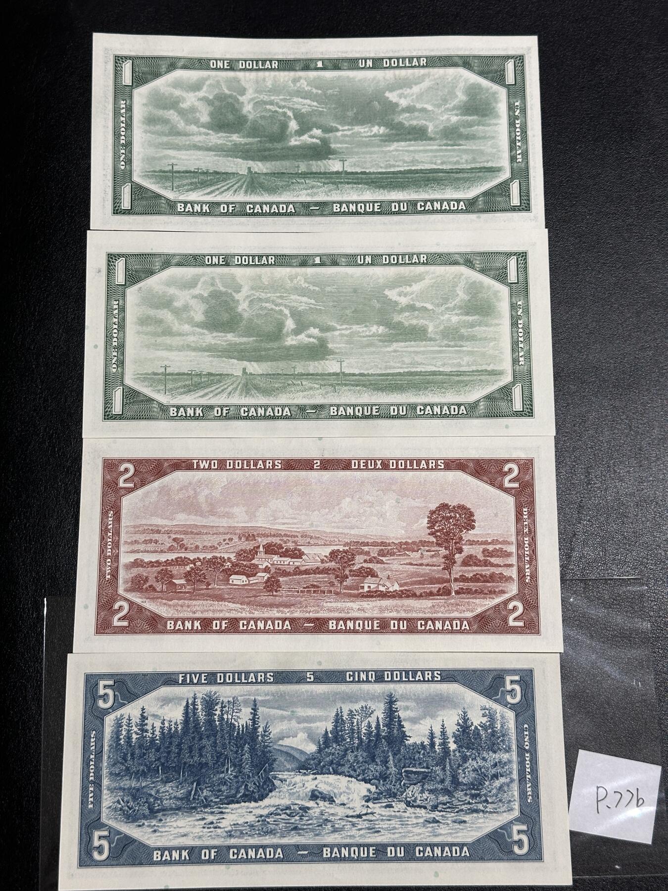 《外钞收藏家》第三百八十一期（美洲小专场） 加拿大1954版小套，1/1/2/5元，4枚	P74-77  全新UNC