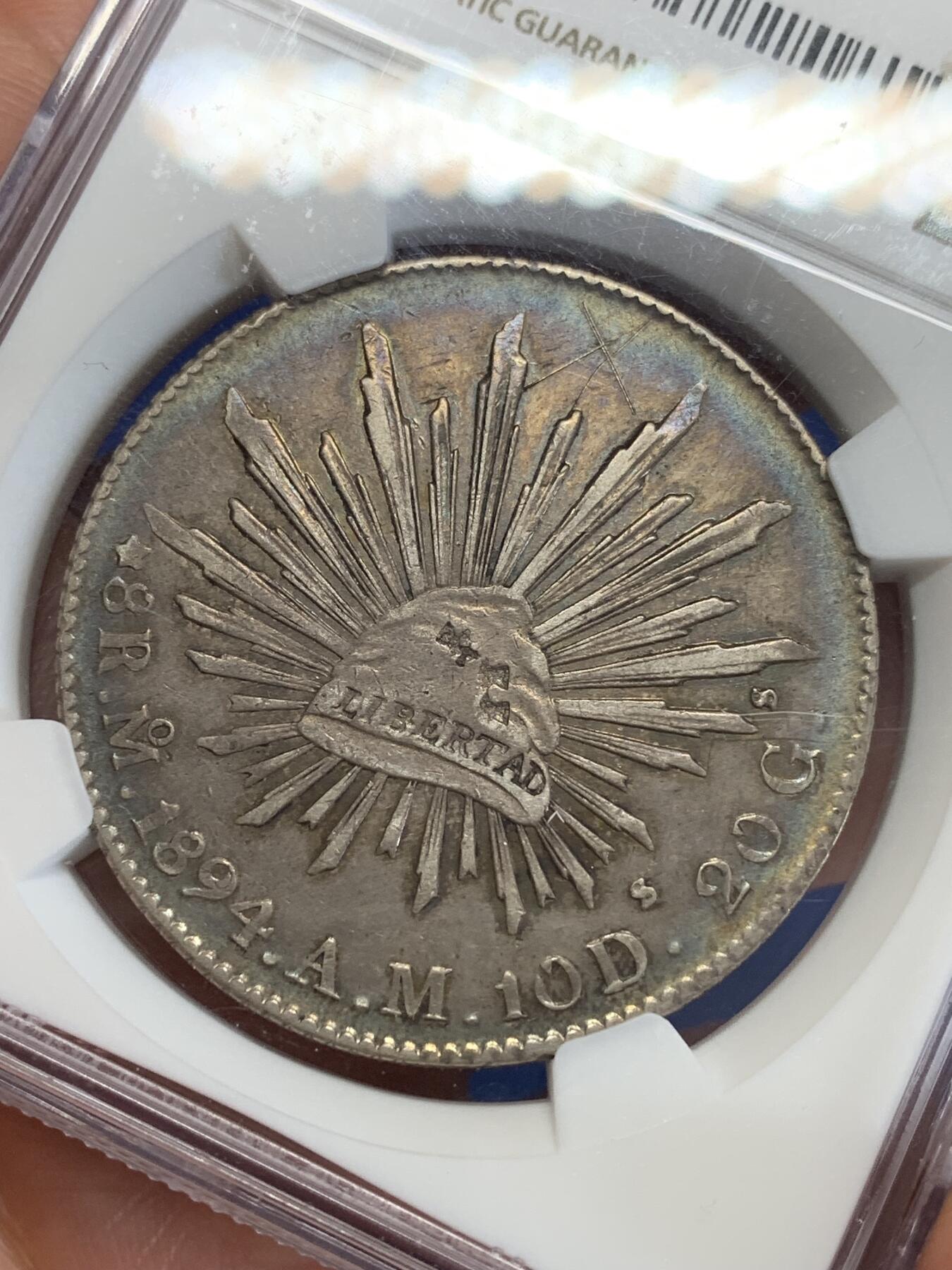 《竞宝斋》第279场- 周日，周一 ，周二3场连拍 （全场包邮） NGC XF 1894年墨西哥8里亚尔鹰洋 环五彩 在华流通老银元 包克旧藏