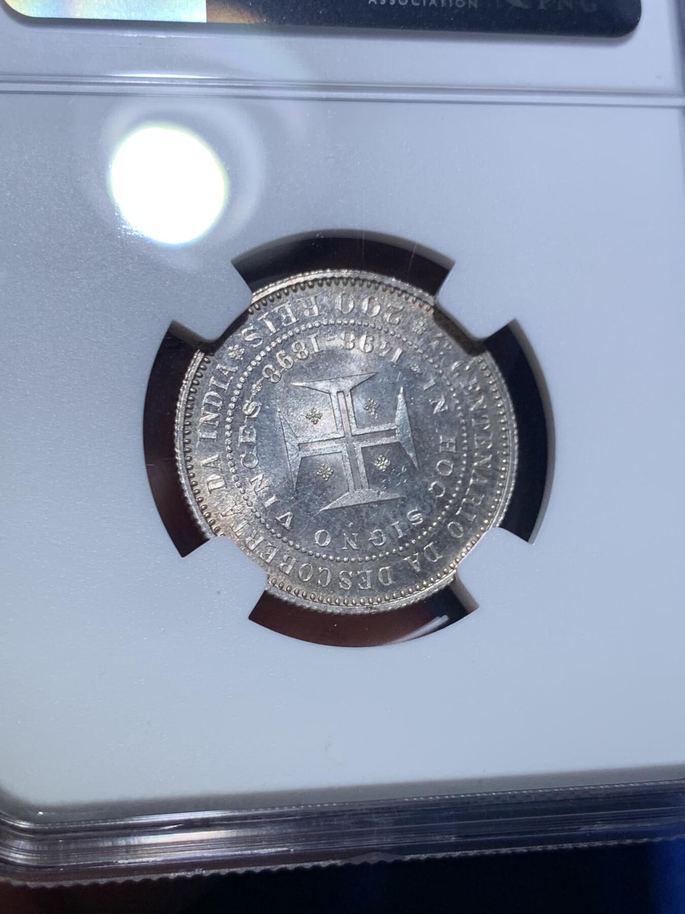 《竞宝斋》第279场- 周日，周一 ，周二3场连拍 （全场包邮） NGC MS65 葡萄牙1898年发现印度戎装版200瑞斯银币 高分好品