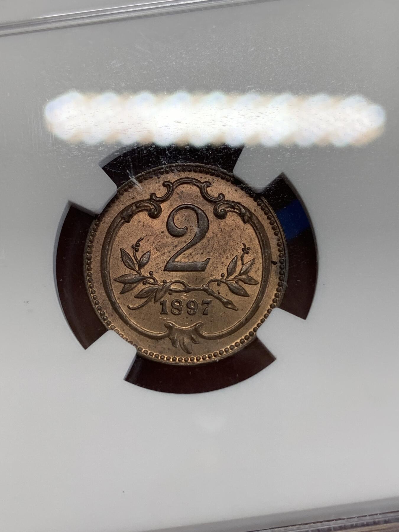 《竞宝斋》第279场- 周日，周一 ，周二3场连拍 （全场包邮） NGC MS65RB 奥匈帝国1897年2赫勒铜币 最高得分