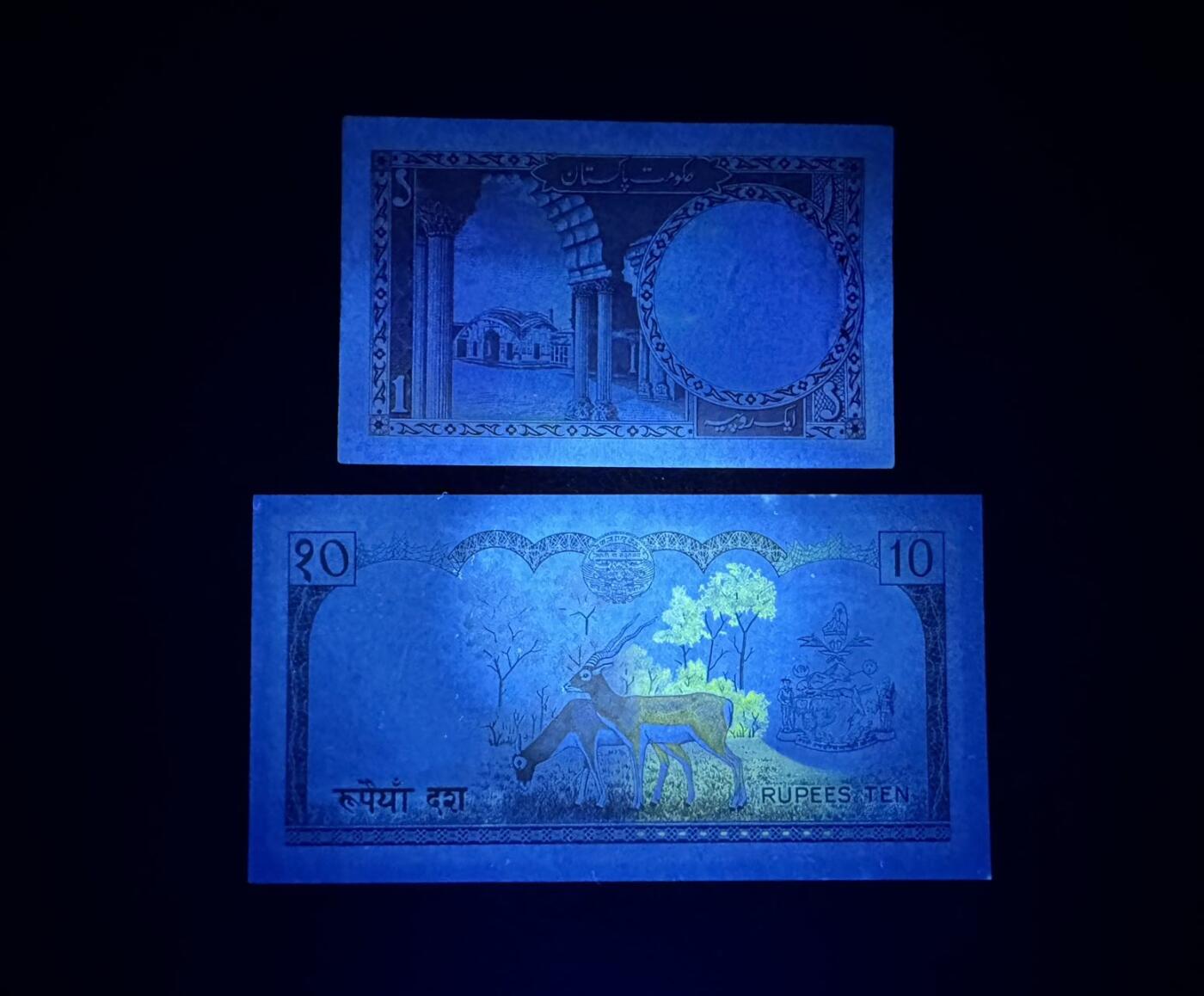 收藏联盟Quantum Auction 第354期拍卖  巴基斯坦1973年1卢比和尼泊尔1985年版10卢比 品相UNC 巴基斯坦自带出厂针孔，尼泊尔边缘有潮点