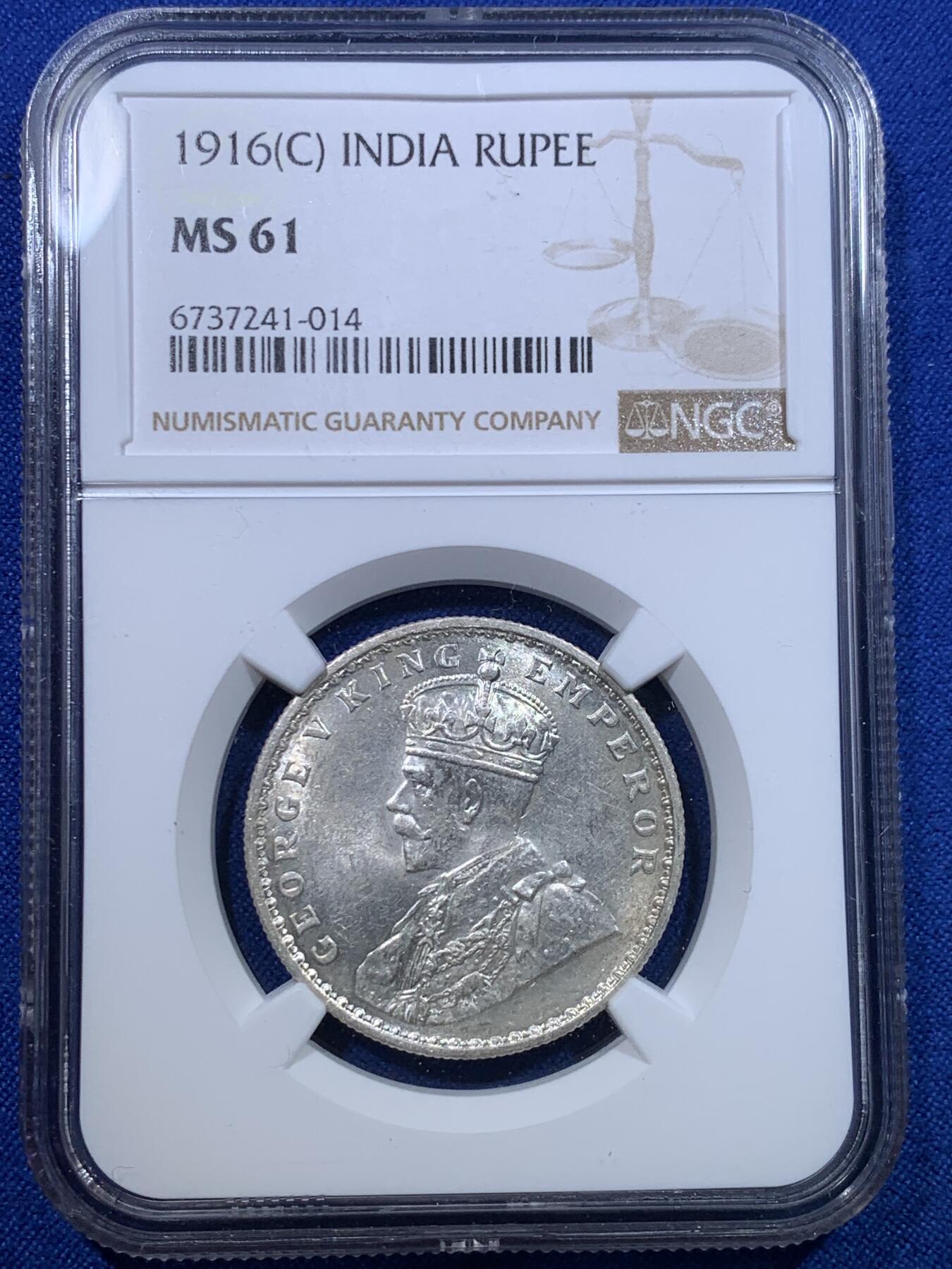 《竞宝斋》第279场- 周日，周一 ，周二3场连拍 （全场包邮） NGC MS61 印度1916C乔治五世1卢比银币