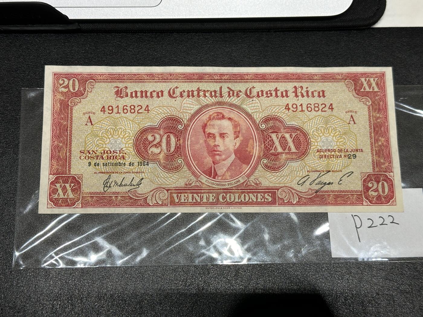 《外钞收藏家》第三百八十一期（美洲小专场） 哥斯达黎加1964年20克伦 P222 UNC- 有黄斑