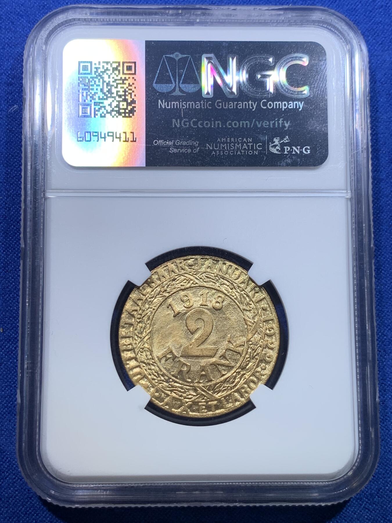 《竞宝斋》第279场- 周日，周一 ，周二3场连拍 （全场包邮） NGC MS65 德占比利时 1918 根特 镀金 2法郎 宛如金币 稀缺品种 目录价高