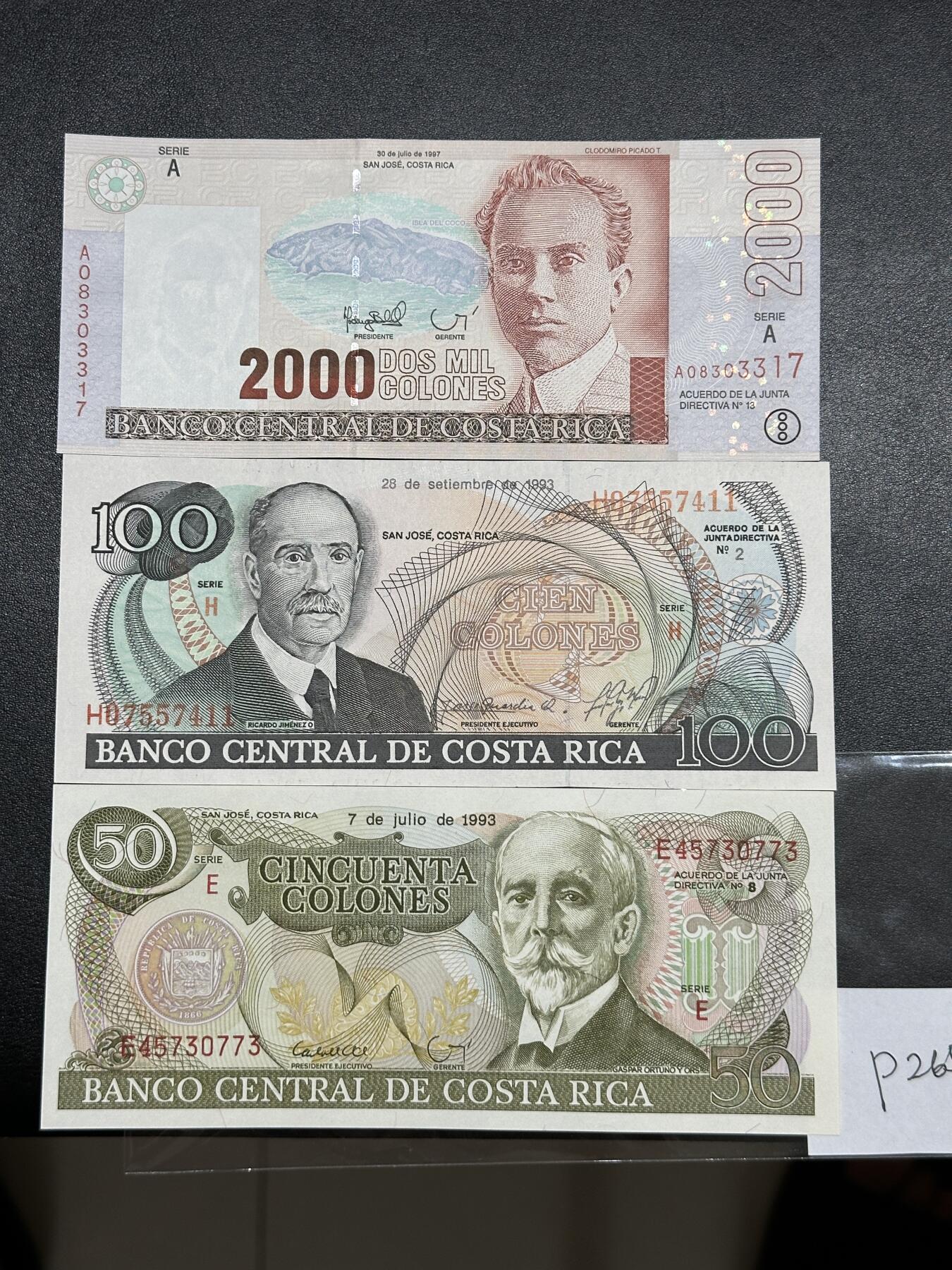 《外钞收藏家》第三百八十一期（美洲小专场） 哥斯达黎加小套3枚，50/100/2000克伦	P257-265  全新UNC