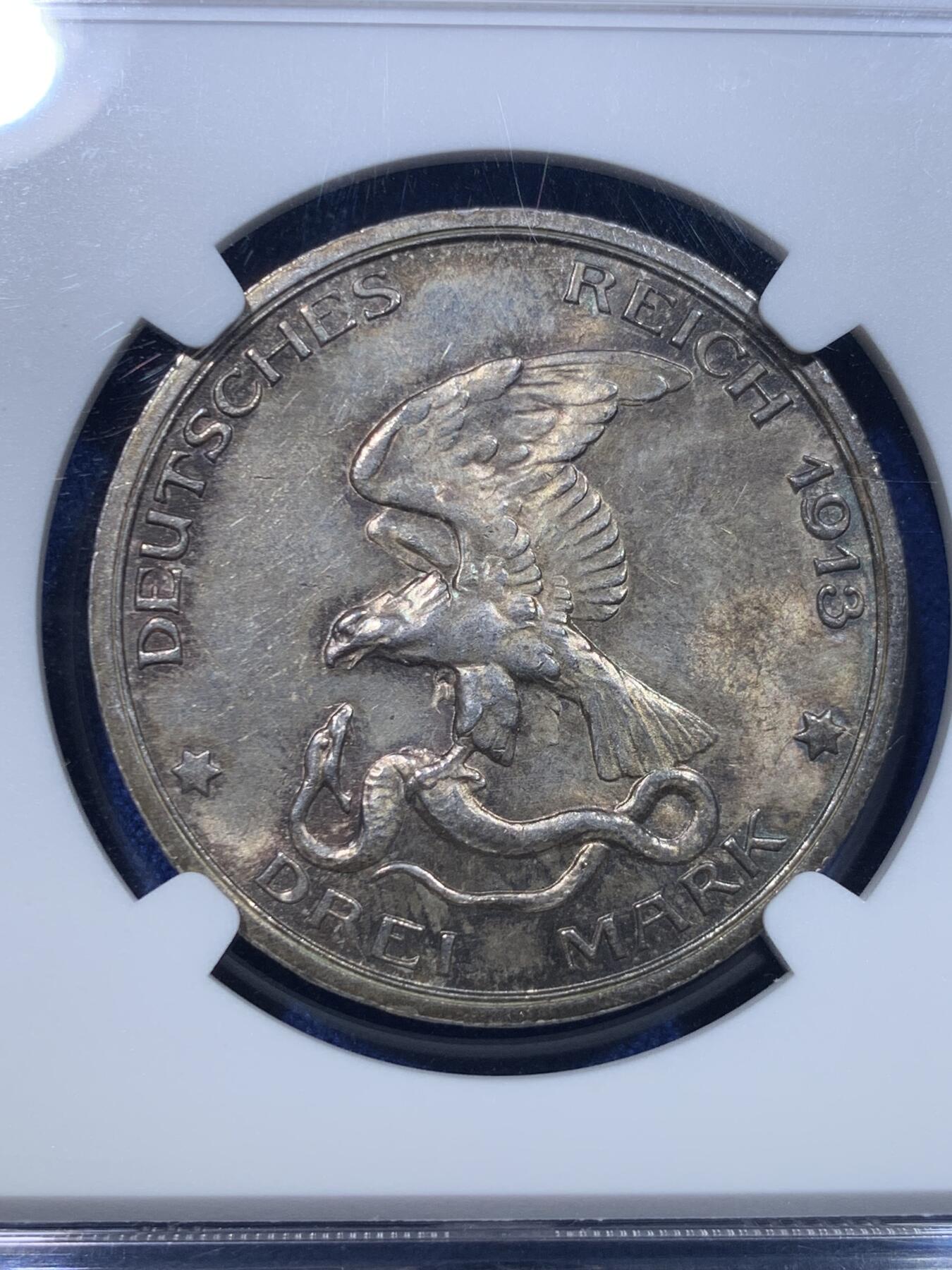 《竞宝斋》第279场- 周日，周一 ，周二3场连拍 （全场包邮） NGC-MS62 普鲁士 1913年 击败拿破仑3马克银币 双面透骨五彩包浆状态极佳。