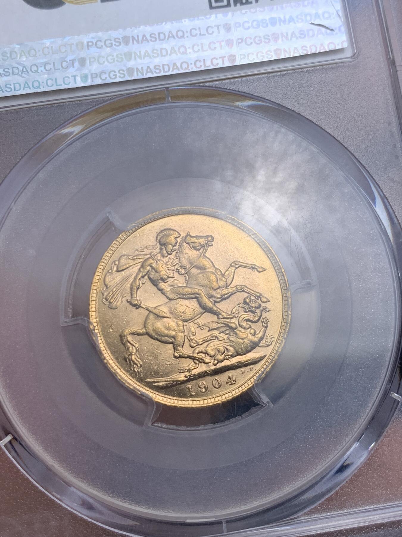 《竞宝斋》第279场- 周日，周一 ，周二3场连拍 （全场包邮） PCGS MS61 英属澳大利亚1904年爱德华七世1索维林马剑金币珀斯厂 7.9881g 91.7%金 十分少见的爱德华七世澳大利亚金币