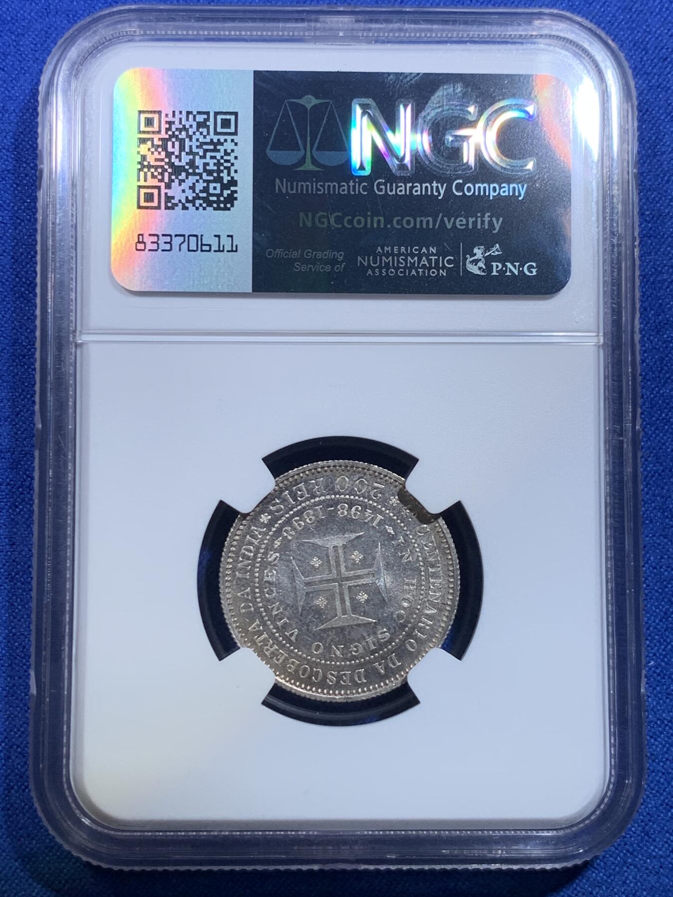 《竞宝斋》第279场- 周日，周一 ，周二3场连拍 （全场包邮） NGC MS65 葡萄牙1898年发现印度戎装版200瑞斯银币 高分好品