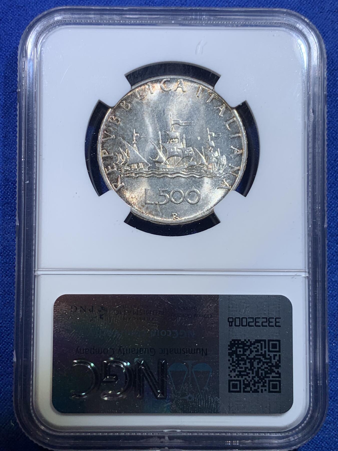 《竞宝斋》第279场- 周日，周一 ，周二3场连拍 （全场包邮） NGC MS64 意大利 1967年 美女帆船 500里拉 银币