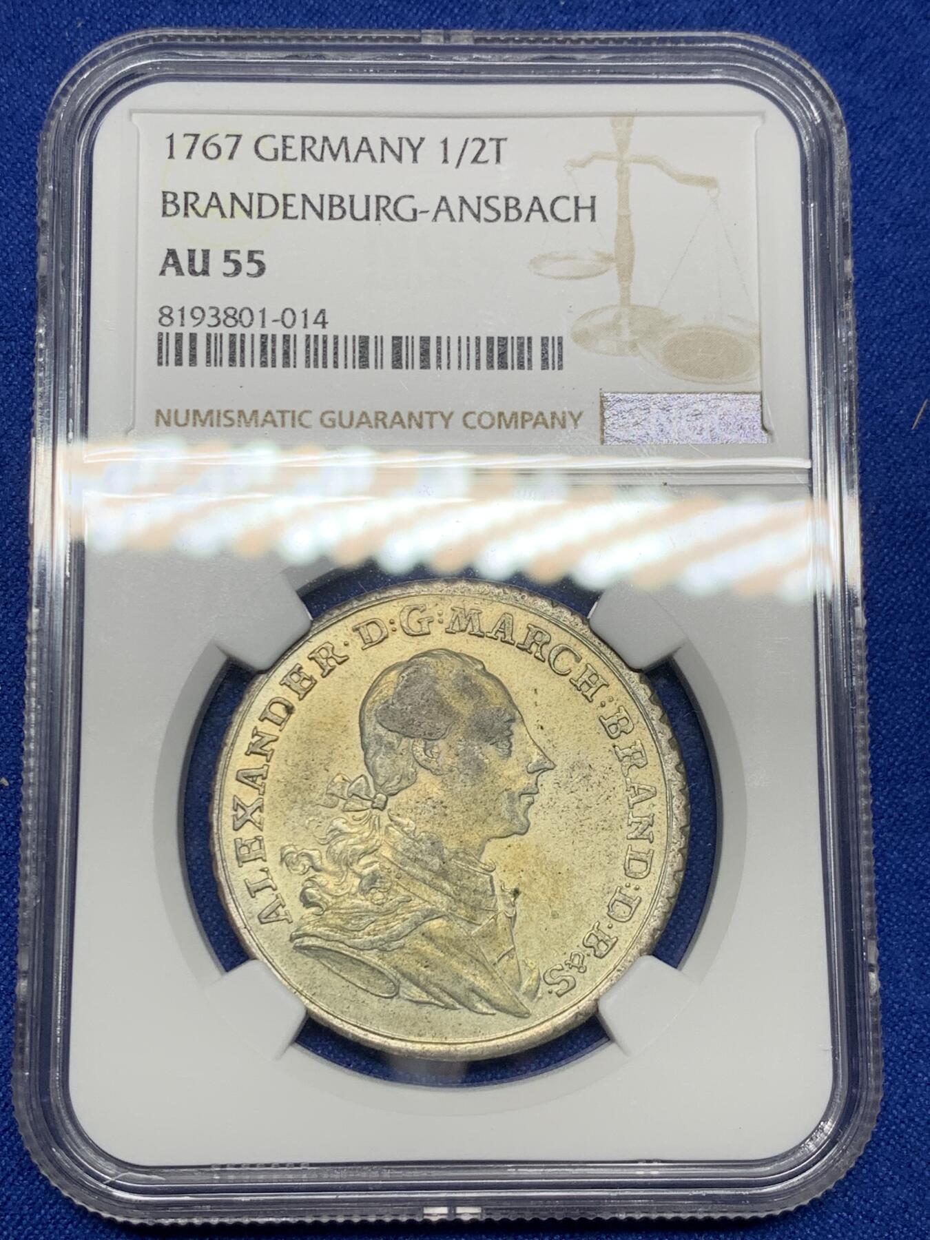 《竞宝斋》第279场- 周日，周一 ，周二3场连拍 （全场包邮） 唯一冠军分 NGC AU55 德国 1767 勃兰登堡-安斯巴赫侯爵领地 1/2泰勒银币 稀有品种