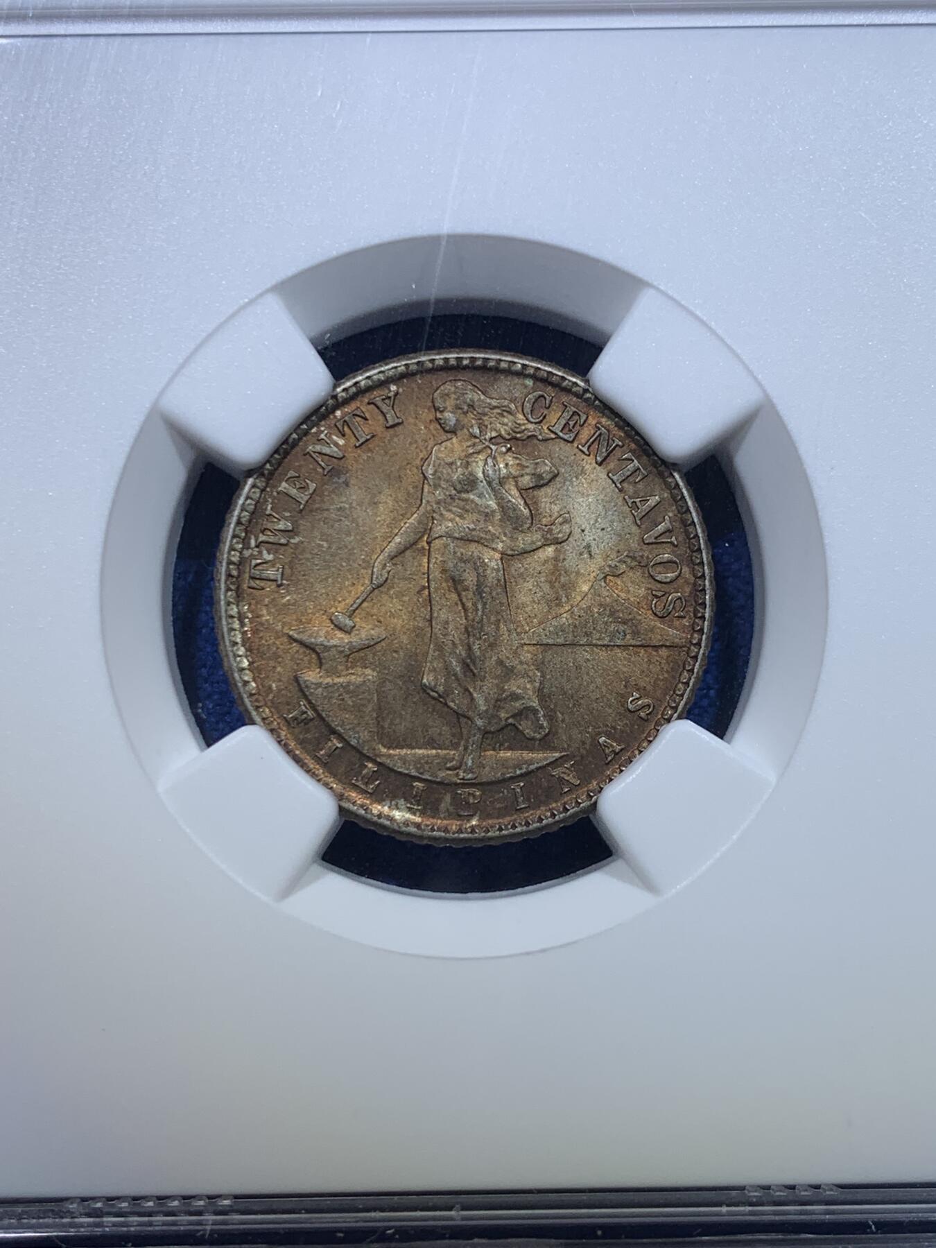 《竞宝斋》第279场- 周日，周一 ，周二3场连拍 （全场包邮） NGC MS64 1944年美属菲律宾20分银币  顶级五彩包浆车轮光，观感极佳