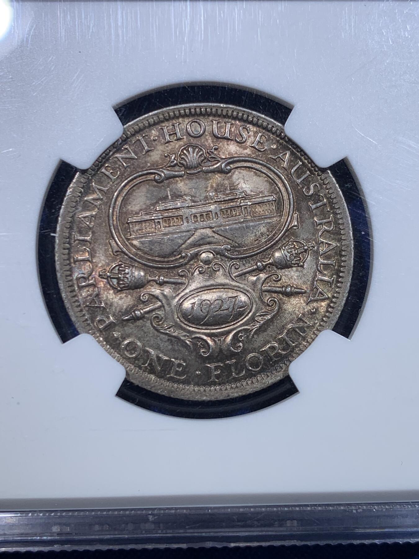 《竞宝斋》第279场- 周日，周一 ，周二3场连拍 （全场包邮） NGC MS63 澳大利亚 1927年2先令 国会大厦纪念银币