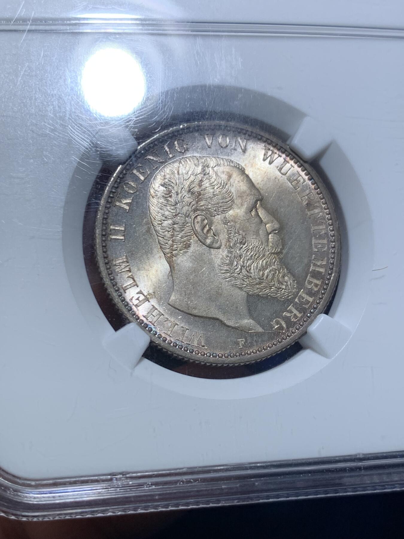 《竞宝斋》第279场- 周日，周一 ，周二3场连拍 （全场包邮） 亚军分！NGC MS64 德国 1908年 符腾堡 威廉二世 2马克银币 顶级高分转光