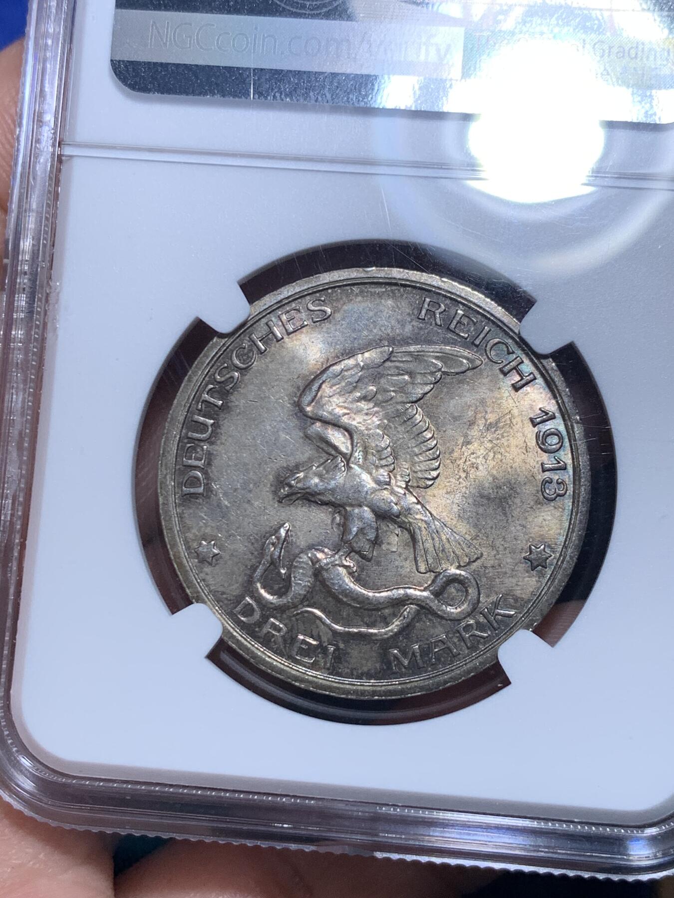 《竞宝斋》第279场- 周日，周一 ，周二3场连拍 （全场包邮） NGC-MS62 普鲁士 1913年 击败拿破仑3马克银币 双面透骨五彩包浆状态极佳。