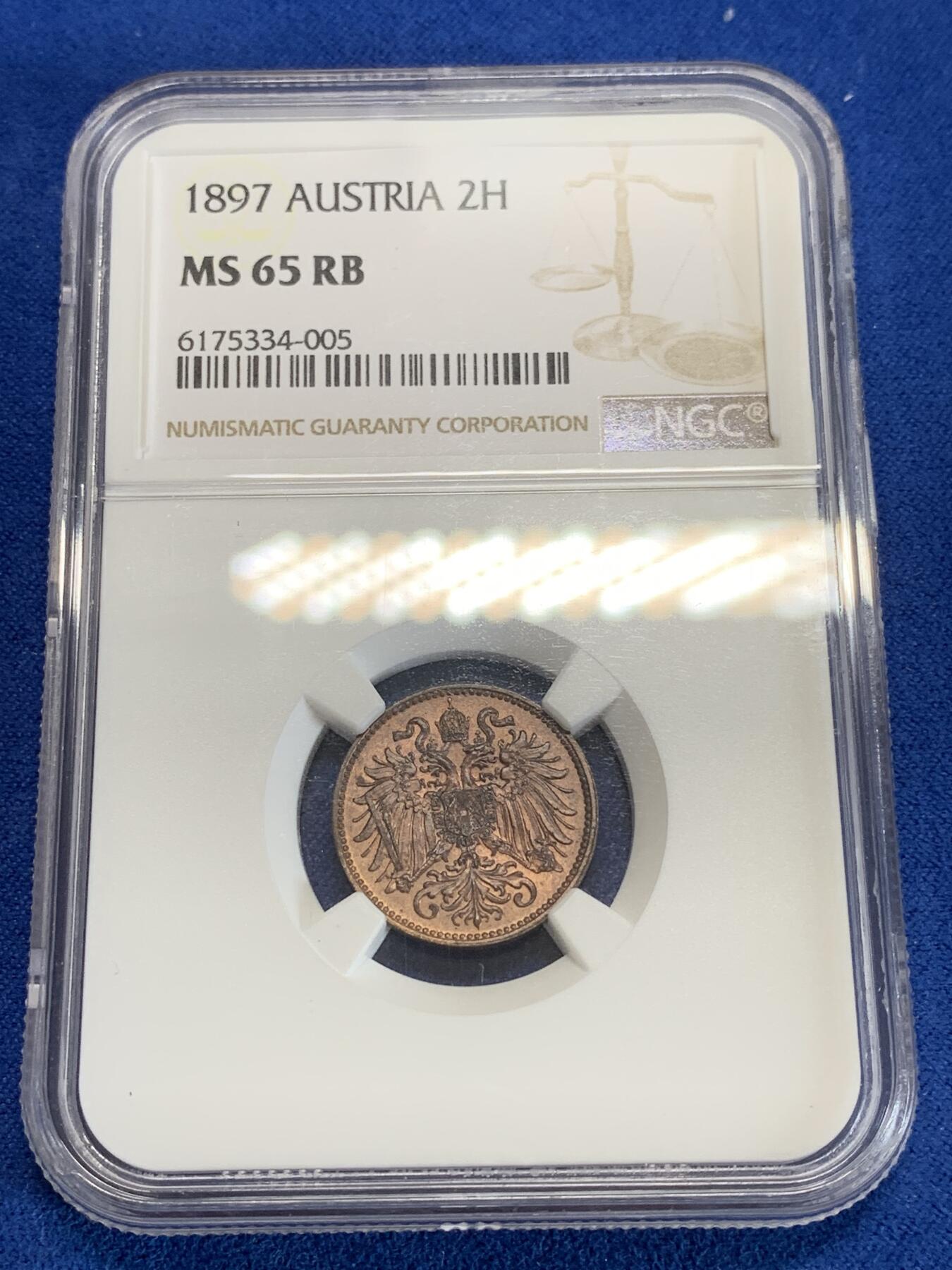 《竞宝斋》第279场- 周日，周一 ，周二3场连拍 （全场包邮） NGC MS65RB 奥匈帝国1897年2赫勒铜币 最高得分