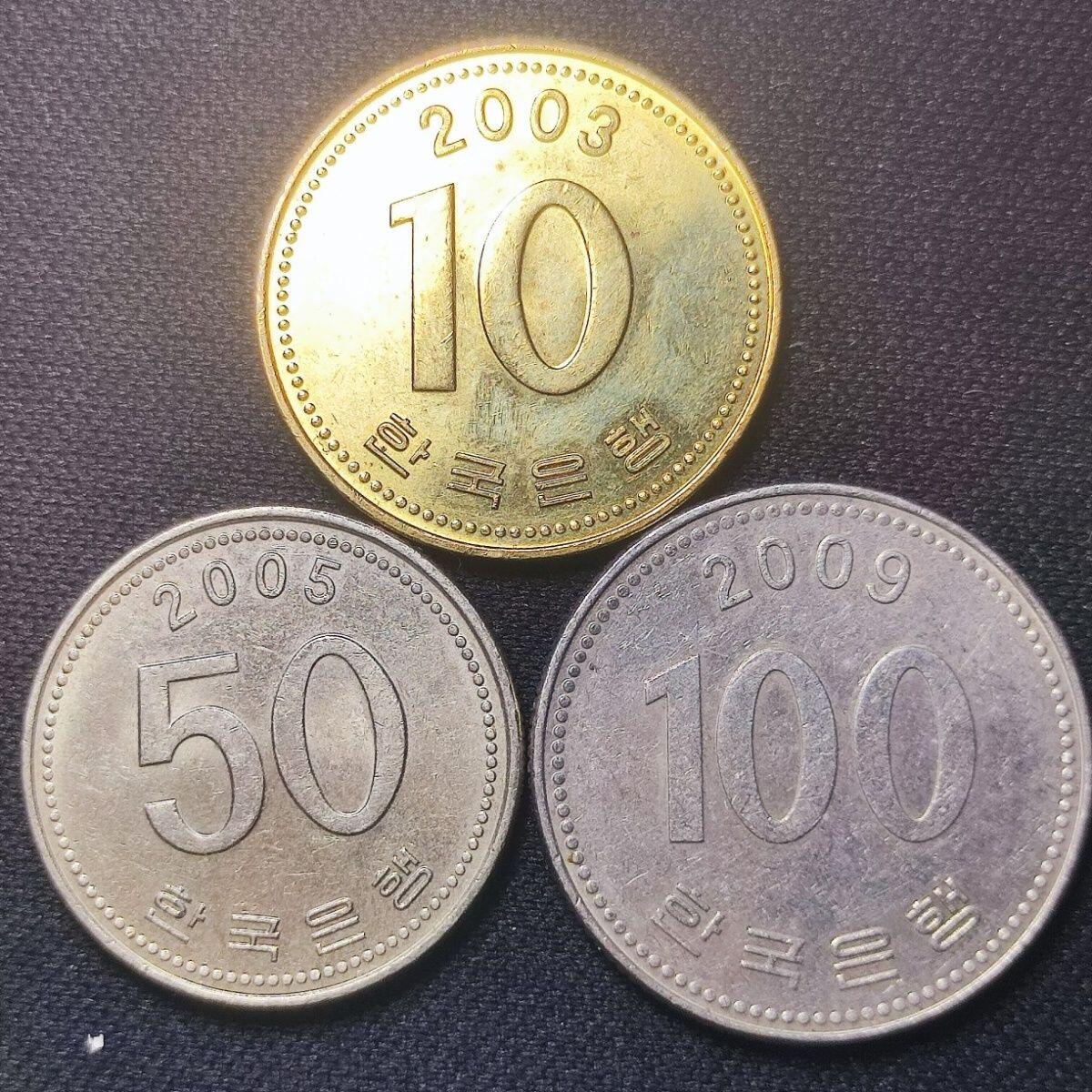 韩国10.50.100圆钱币一组3枚,保真外币 年份随机发货82907