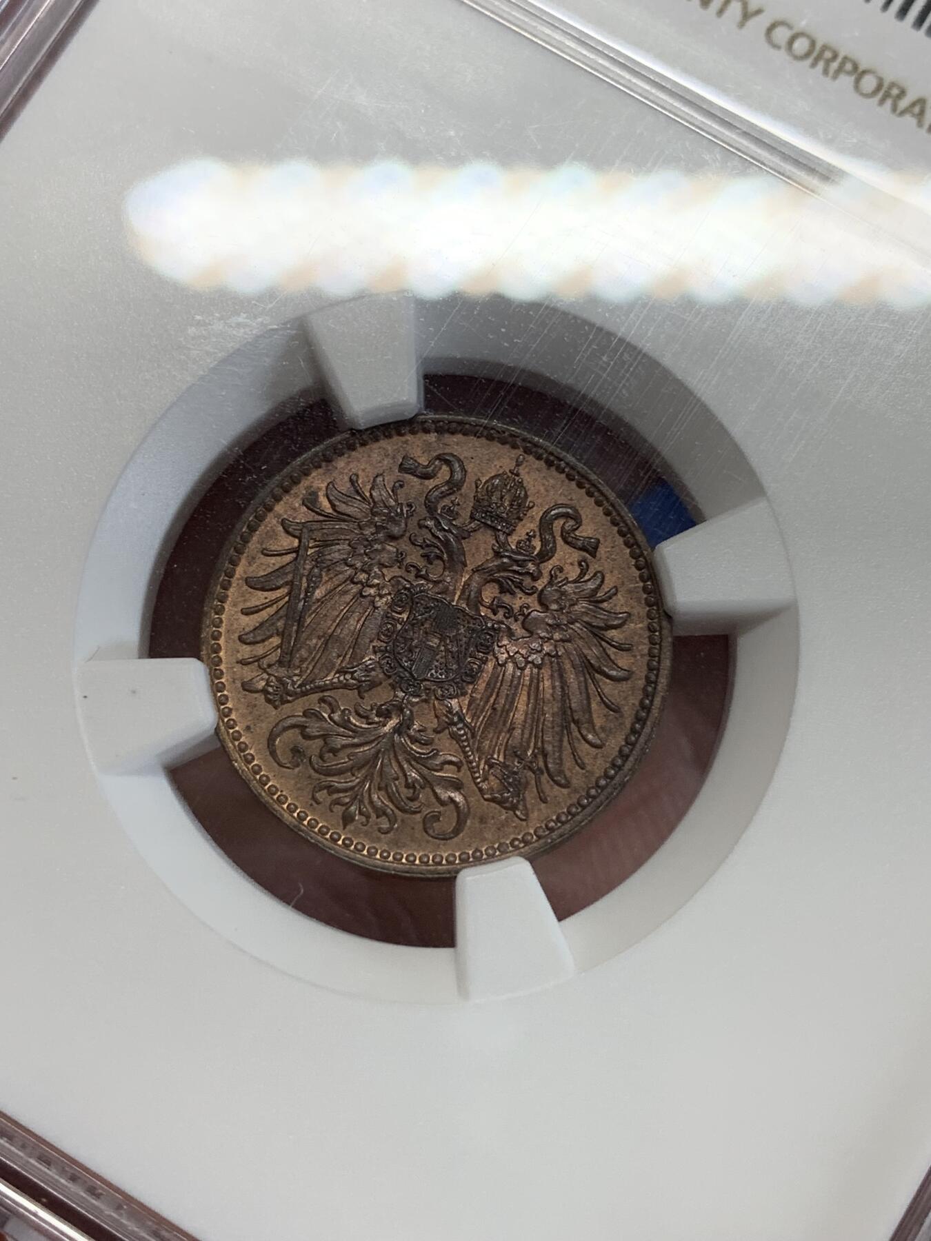 《竞宝斋》第279场- 周日，周一 ，周二3场连拍 （全场包邮） NGC MS65RB 奥匈帝国1897年2赫勒铜币 最高得分