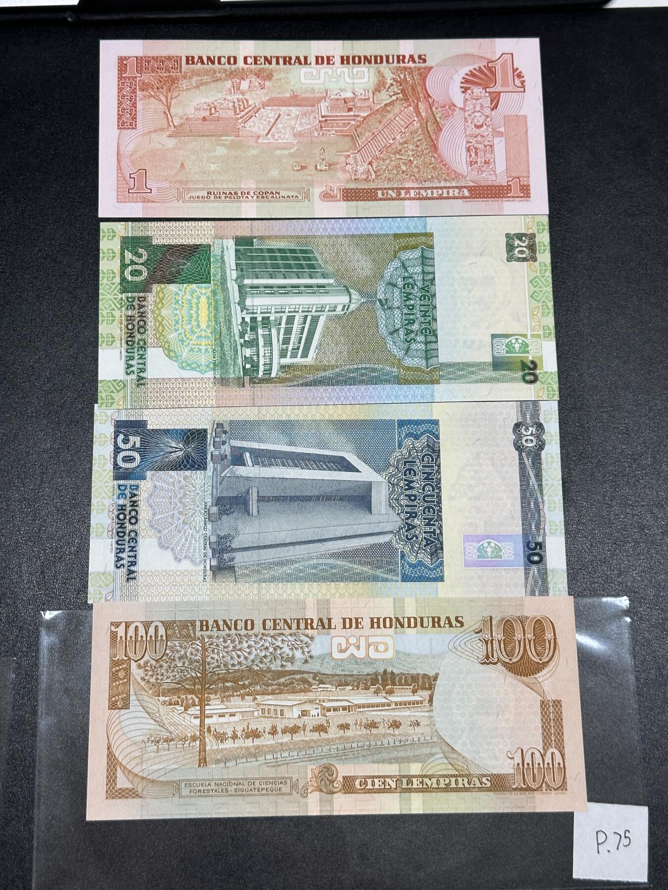 《外钞收藏家》第三百八十一期（美洲小专场） 洪都拉斯1992-1996年小套4枚，1/20/50/100元	P71-75  全新UNC