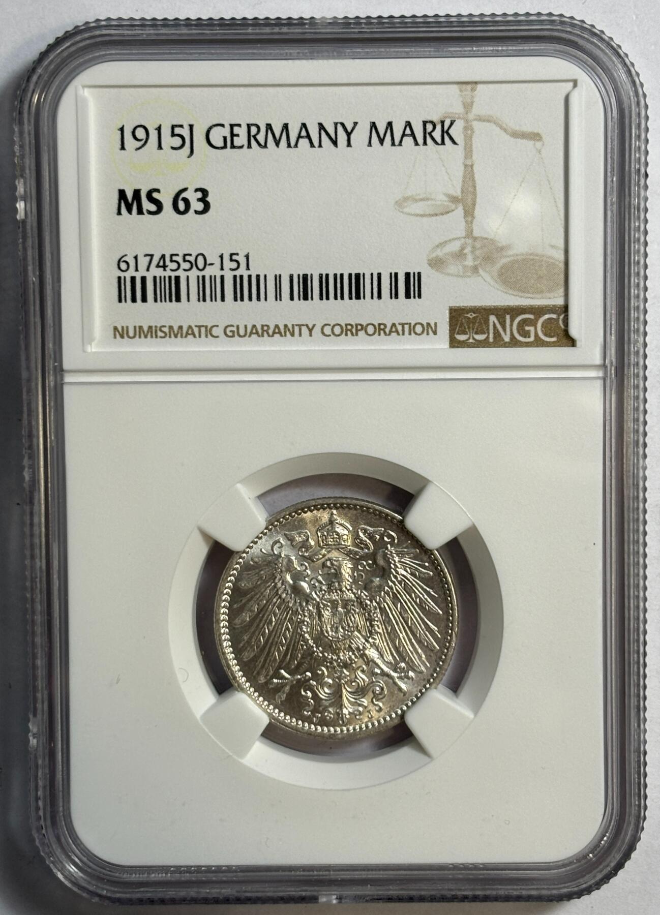 紫瑗钱币——第420期 德国 1915年 J版 第二帝国 长翅 1马克 银币 NGC MS63