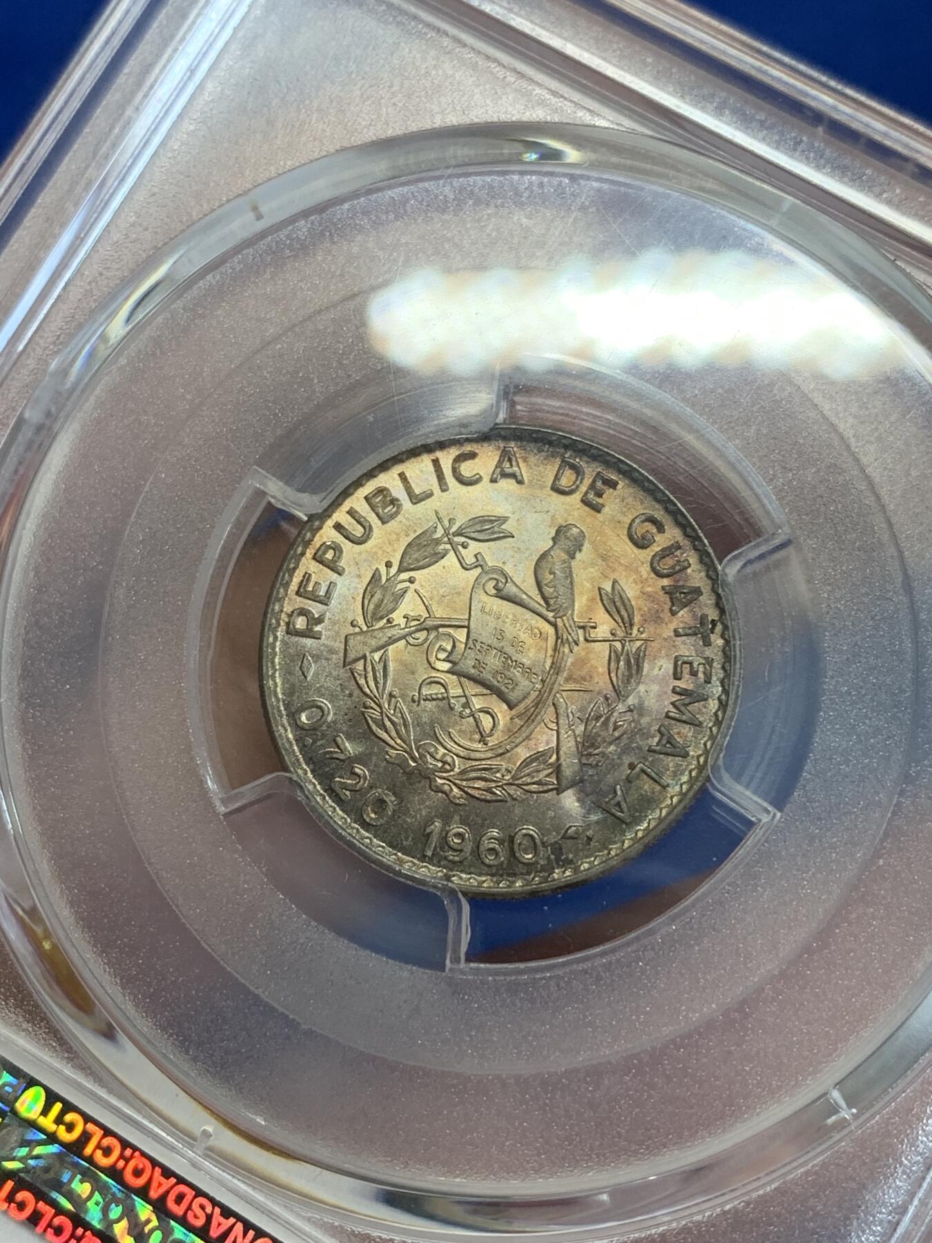 《竞宝斋》第279场- 周日，周一 ，周二3场连拍 （全场包邮） PCGS-MS65 危地马拉 1960年 10分银币 PC唯一冠军分双面炫五彩包浆状态顶尖。