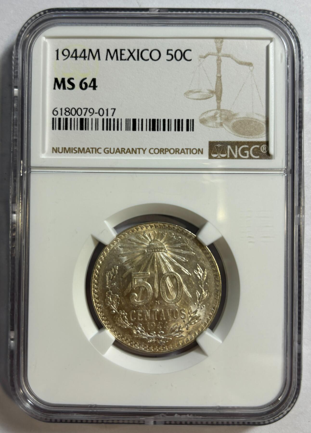紫瑗钱币——第384期拍卖 墨西哥 1944年 M版 鹰洋 50分 银币 NGC MS64