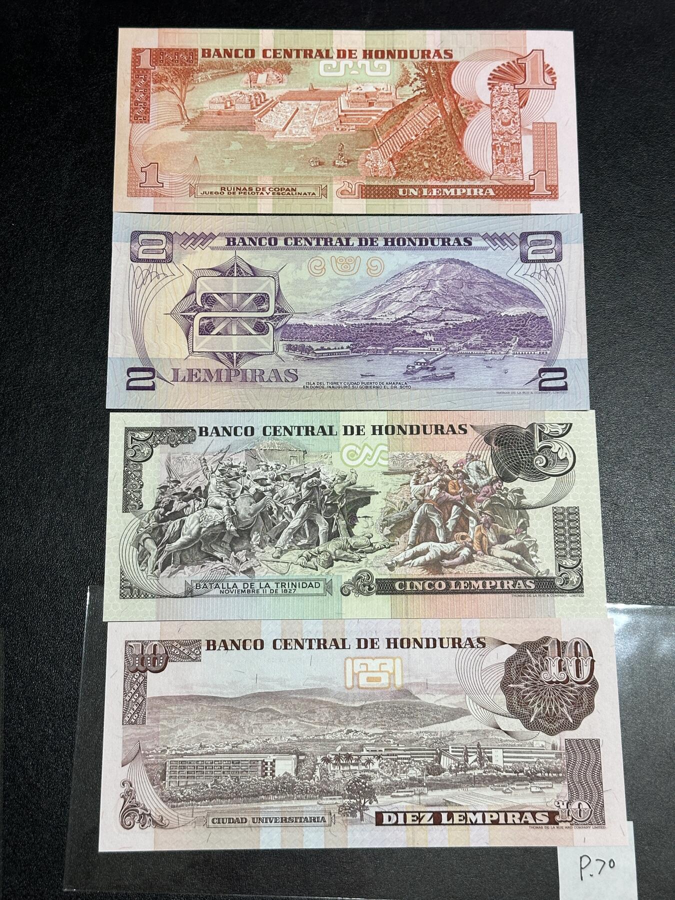 《外钞收藏家》第三百八十一期（美洲小专场） 洪都拉斯1976-1989年小套4枚，1/2/5/10元，其中2元为纪念钞	P61-70  全新UNC
