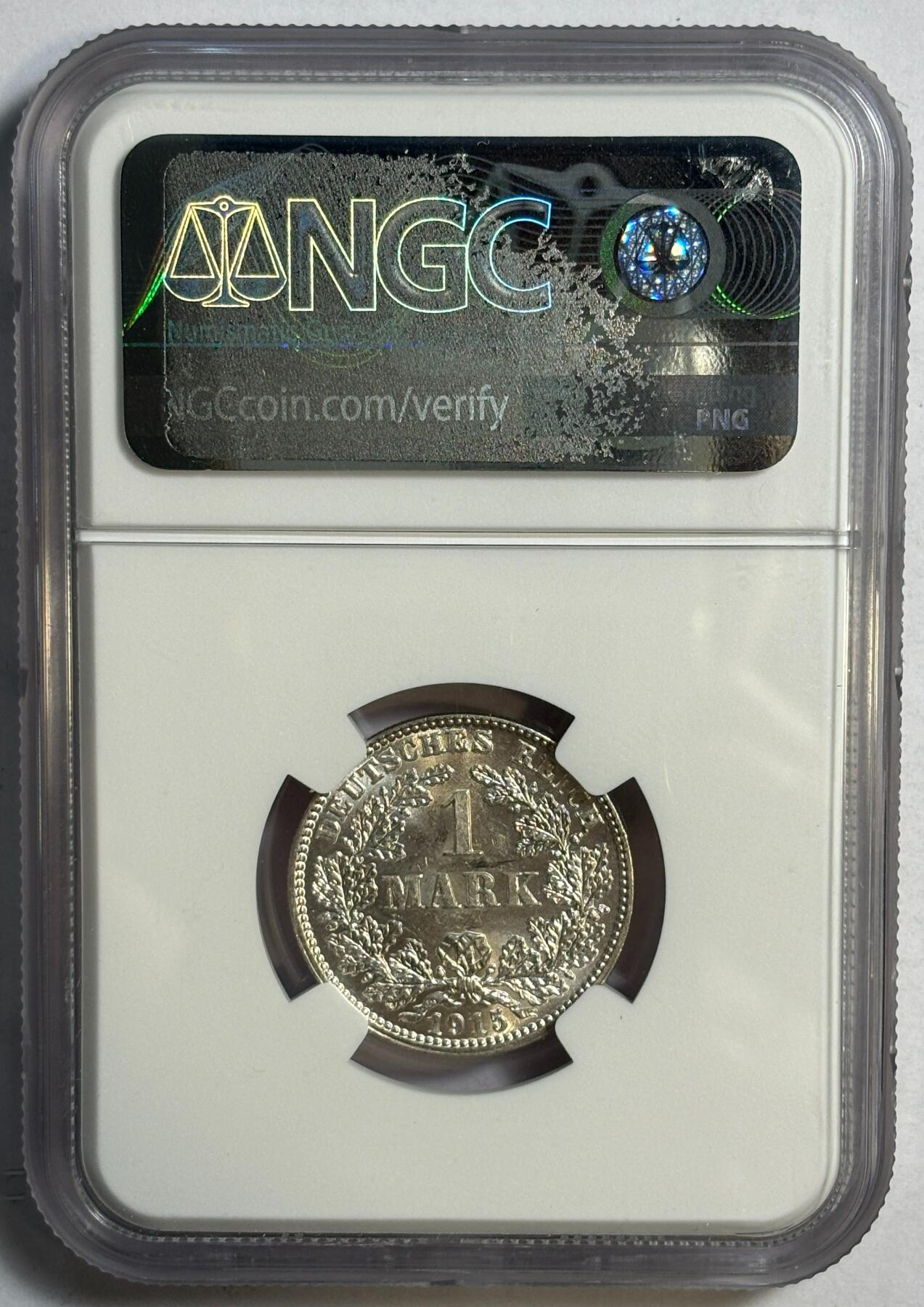 紫瑗钱币——第420期 德国 1915年 J版 第二帝国 长翅 1马克 银币 NGC MS63