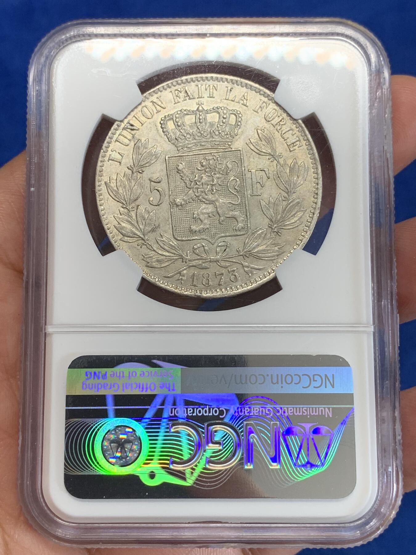 《竞宝斋》第279场- 周日，周一 ，周二3场连拍 （全场包邮） NGC UNC   比利时1873年利奥波德二世5法郎银币