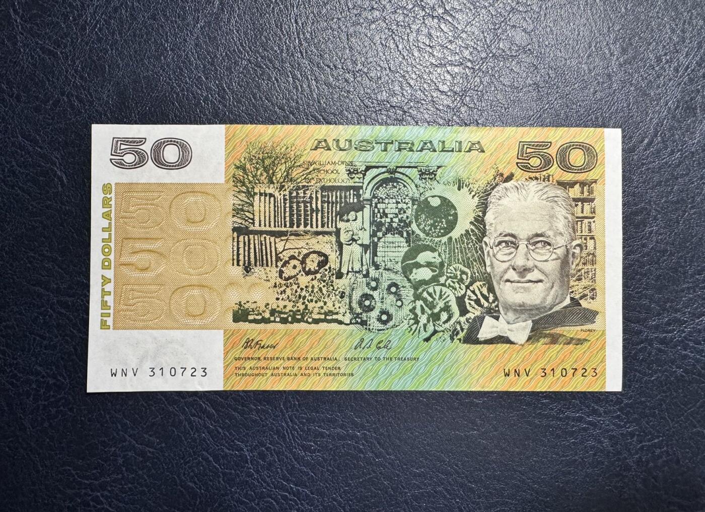 收藏联盟Quantum Auction 第354期拍卖  澳大利亚1973-94年50元 品相AU-  号码无4 青霉素萃取提纯并投入临床应用者 弗洛里