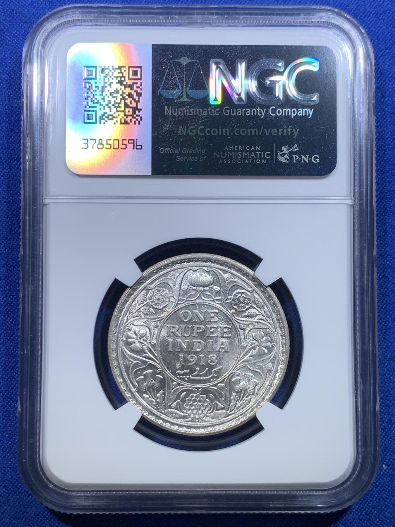 《竞宝斋》第279场- 周日，周一 ，周二3场连拍 （全场包邮） NGC MS63 英属印度 1918年 B版 乔五 1卢比银币