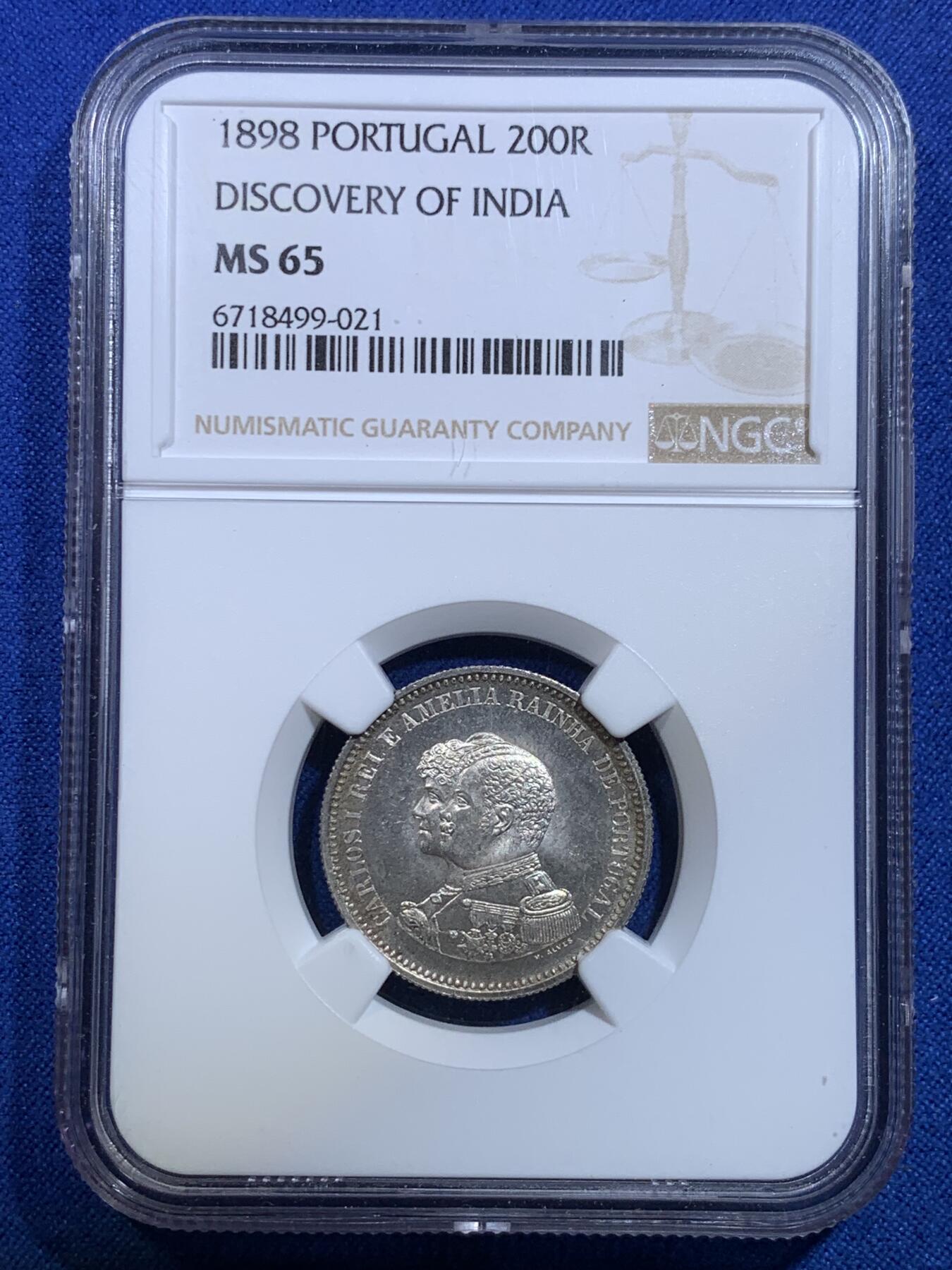《竞宝斋》第279场- 周日，周一 ，周二3场连拍 （全场包邮） NGC MS65 葡萄牙1898年发现印度戎装版200瑞斯银币 高分好品
