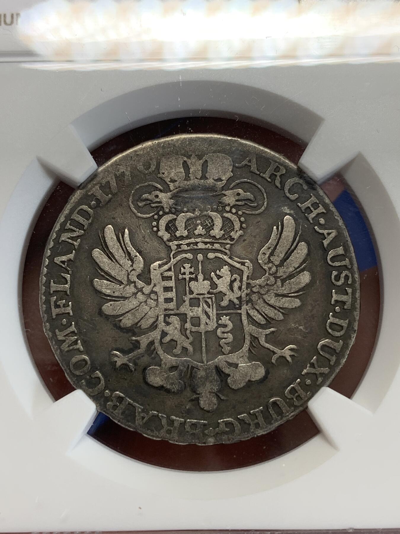 《竞宝斋》第279场- 周日，周一 ，周二3场连拍 （全场包邮） NGC VG10 1770年奥属尼德兰1/2泰勒 唯一冠军分，极少见的品种，布鲁塞尔产，200多年老包浆，很舒服的状态
