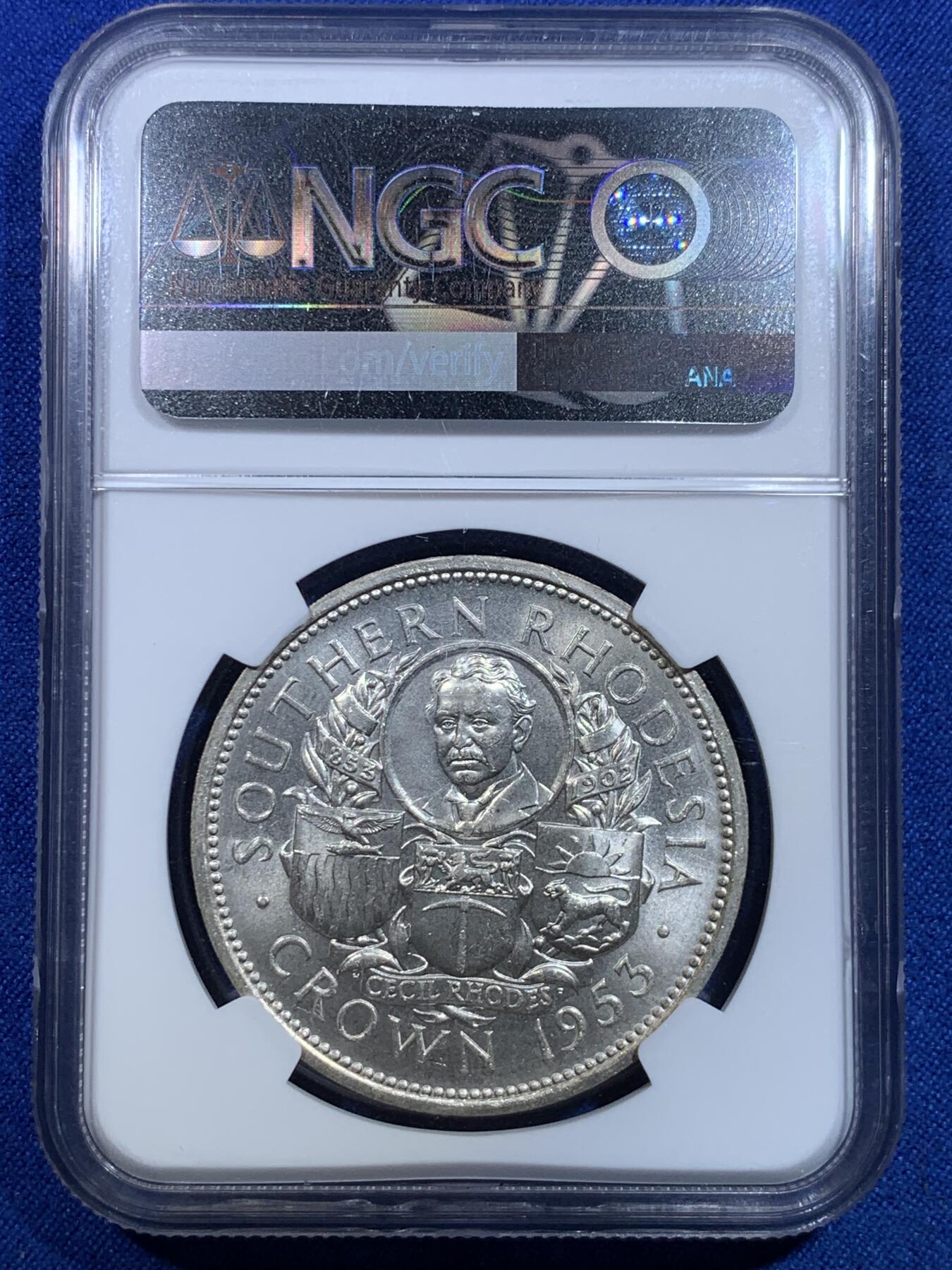 《竞宝斋》第279场- 周日，周一 ，周二3场连拍 （全场包邮） NGC MS64 南罗德西亚1953年大克朗银币