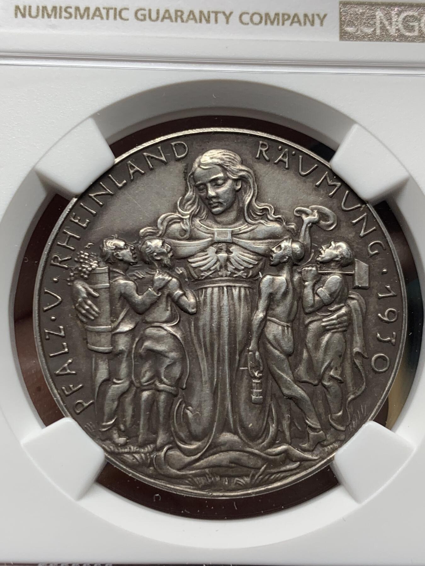 《竞宝斋》第279场- 周日，周一 ，周二3场连拍 （全场包邮） NGC UNC 1930年德国莱茵回归海神波塞冬大银章  经典品种，艺术性极佳，低评错杀，状态很好