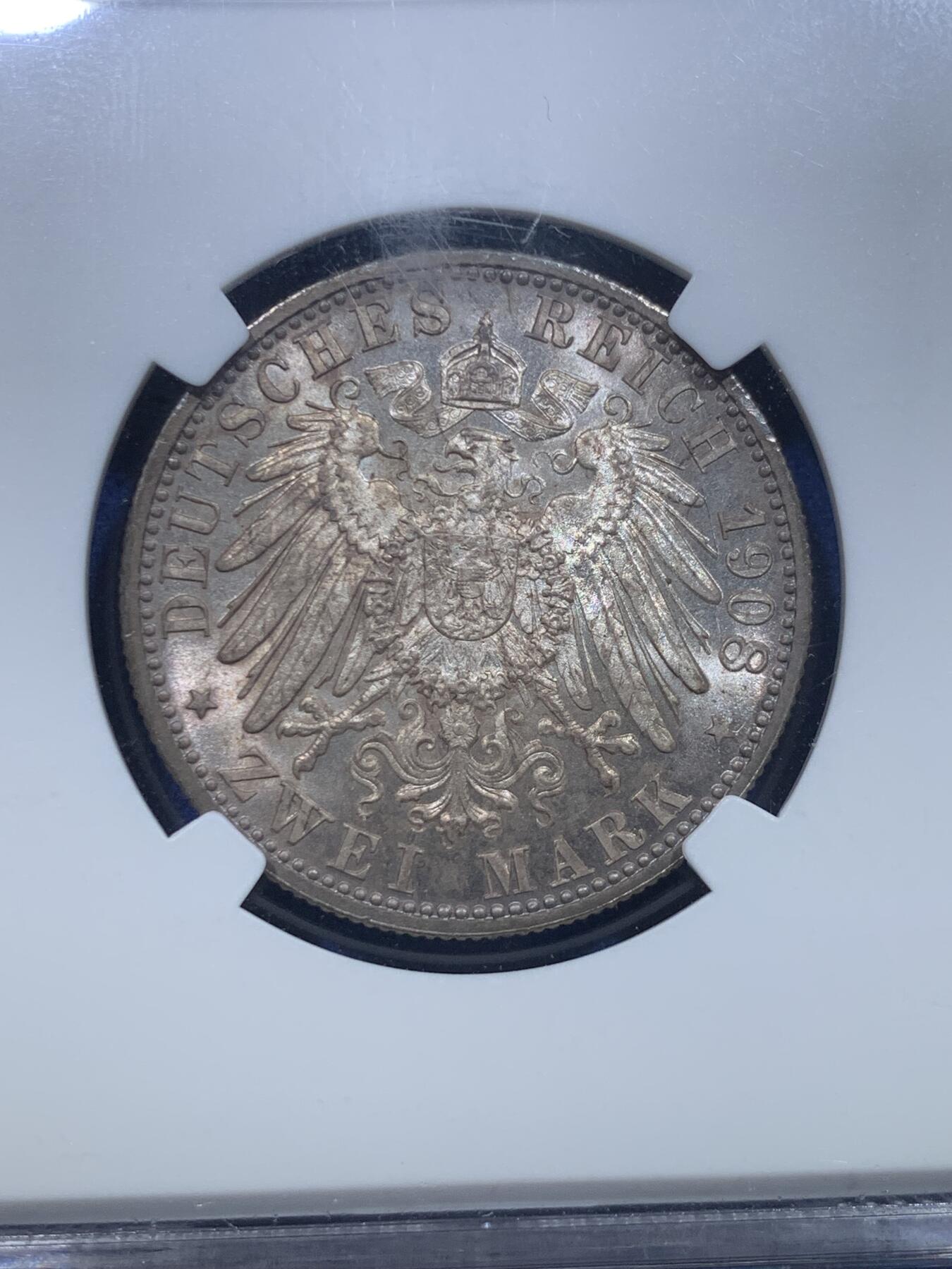 《竞宝斋》第279场- 周日，周一 ，周二3场连拍 （全场包邮） 亚军分！NGC MS64 德国 1908年 符腾堡 威廉二世 2马克银币 顶级高分转光