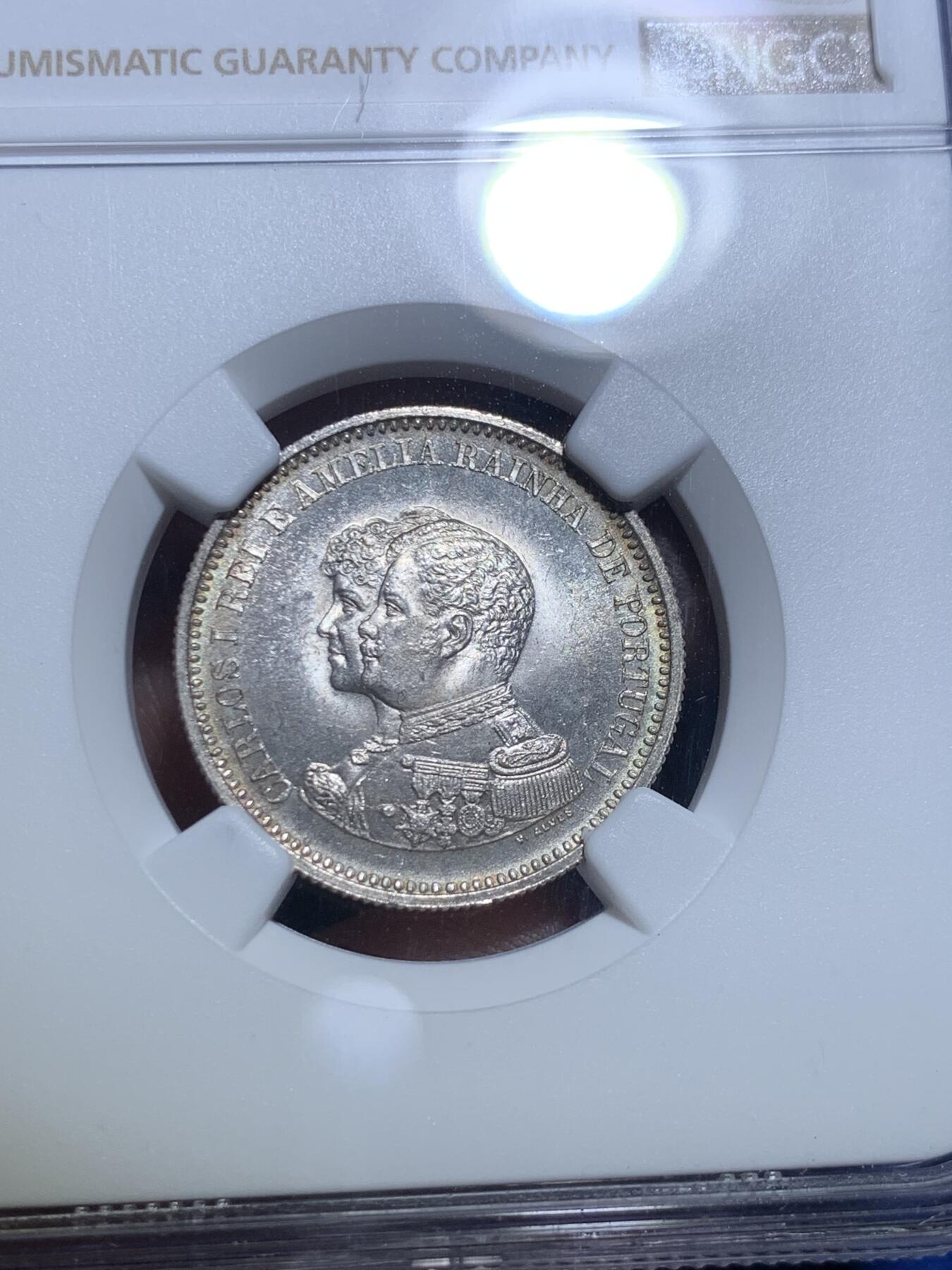 《竞宝斋》第279场- 周日，周一 ，周二3场连拍 （全场包邮） NGC MS65 葡萄牙1898年发现印度戎装版200瑞斯银币 高分好品
