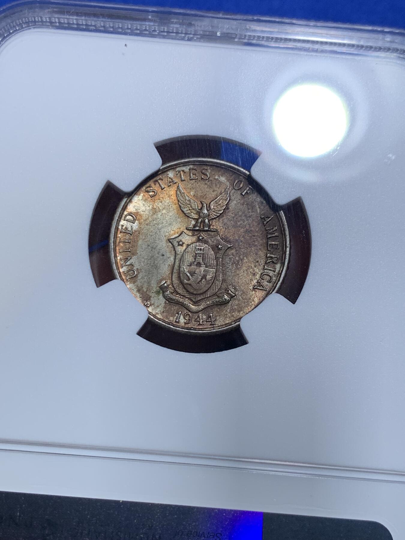 《竞宝斋》第279场- 周日，周一 ，周二3场连拍 （全场包邮） NGC MS64 1944年美属菲律宾20分银币  顶级五彩包浆车轮光，观感极佳