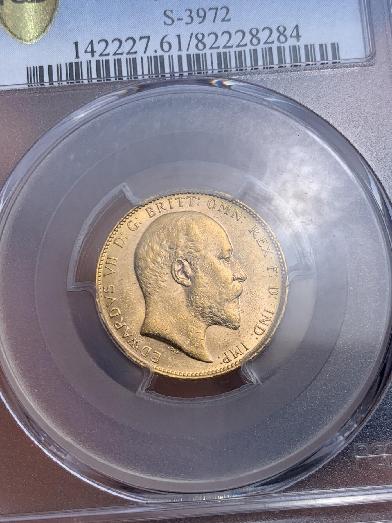 《竞宝斋》第279场- 周日，周一 ，周二3场连拍 （全场包邮） PCGS MS61 英属澳大利亚1904年爱德华七世1索维林马剑金币珀斯厂 7.9881g 91.7%金 十分少见的爱德华七世澳大利亚金币