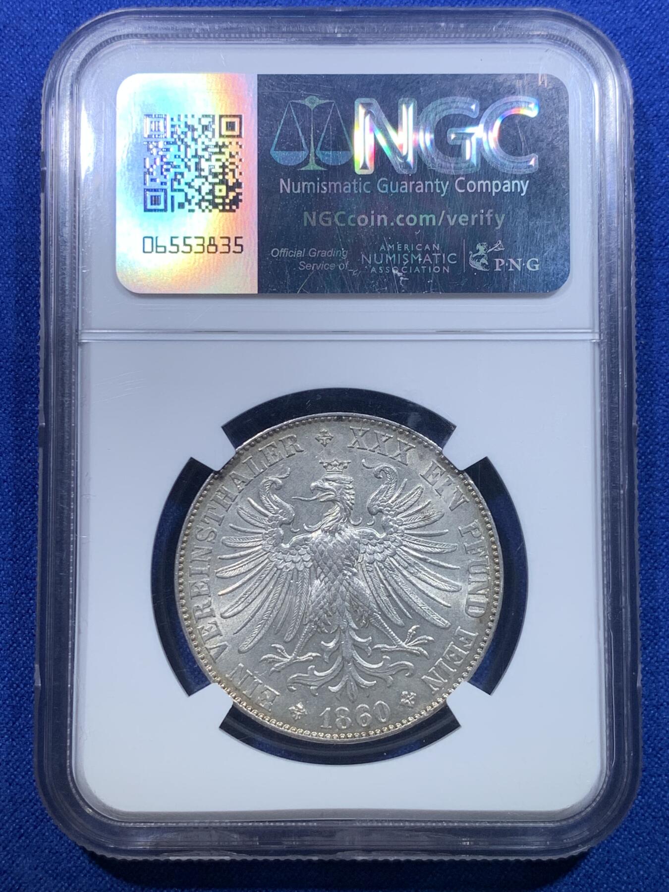 《竞宝斋》第279场- 周日，周一 ，周二3场连拍 （全场包邮） NGC AU58 德国 1860年 法兰克福少女1泰勒银币 黄油包浆，有点低评了
