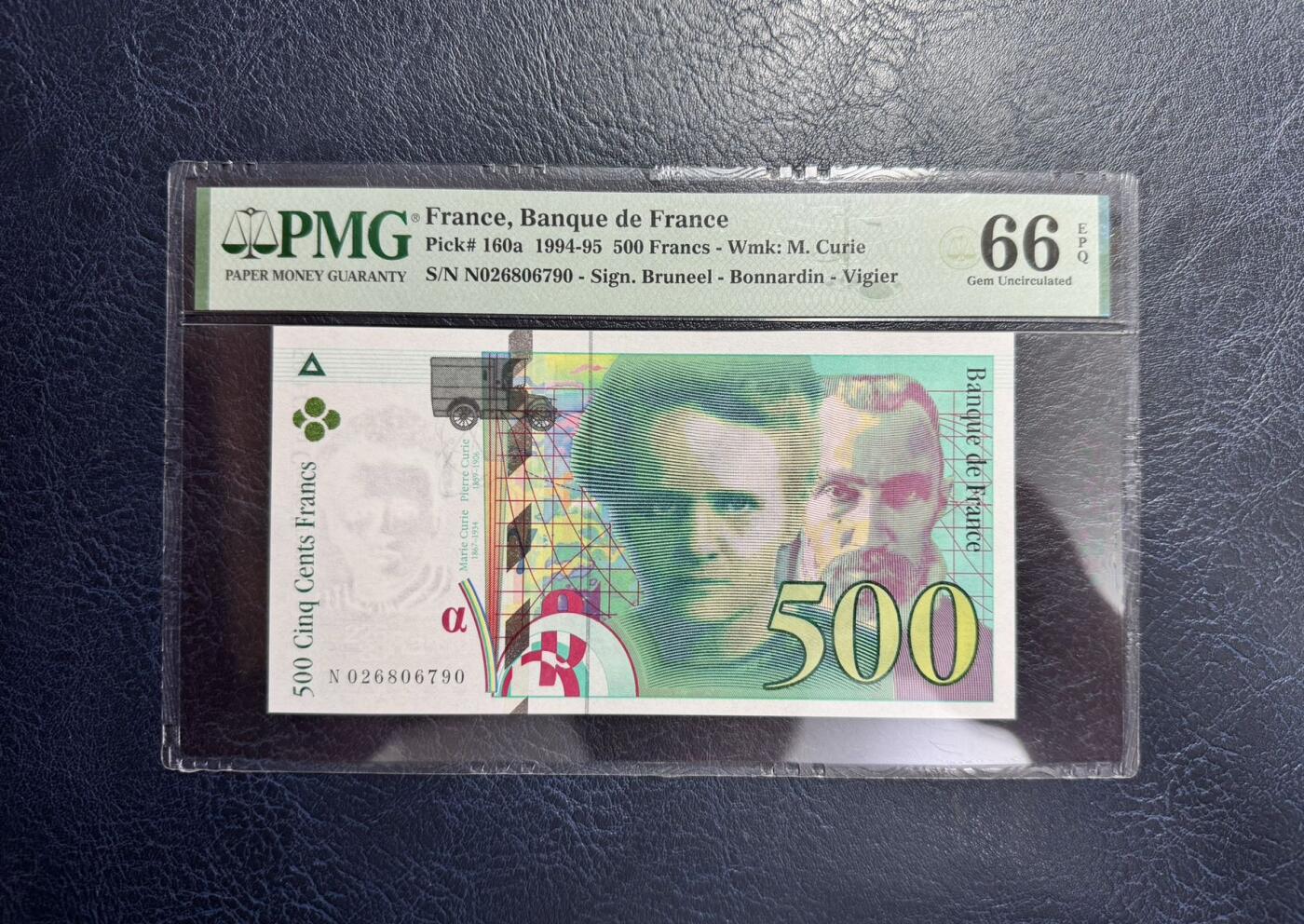 收藏联盟Quantum Auction 第354期拍卖  法国1994-95年500法郎 PMG66 首发年份 号码全程无4  两届诺贝尔化学奖得主 居里夫人