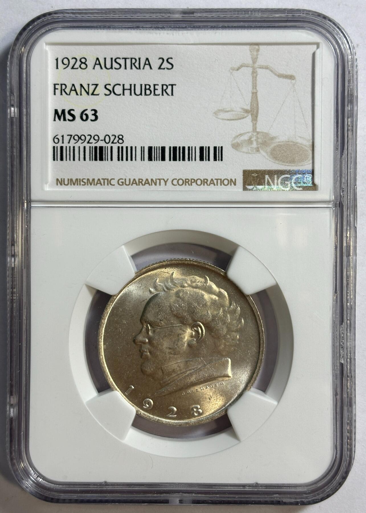 紫瑗钱币——第384期拍卖 奥地利 1928年 舒伯特 2先令 银币 NGC MS63