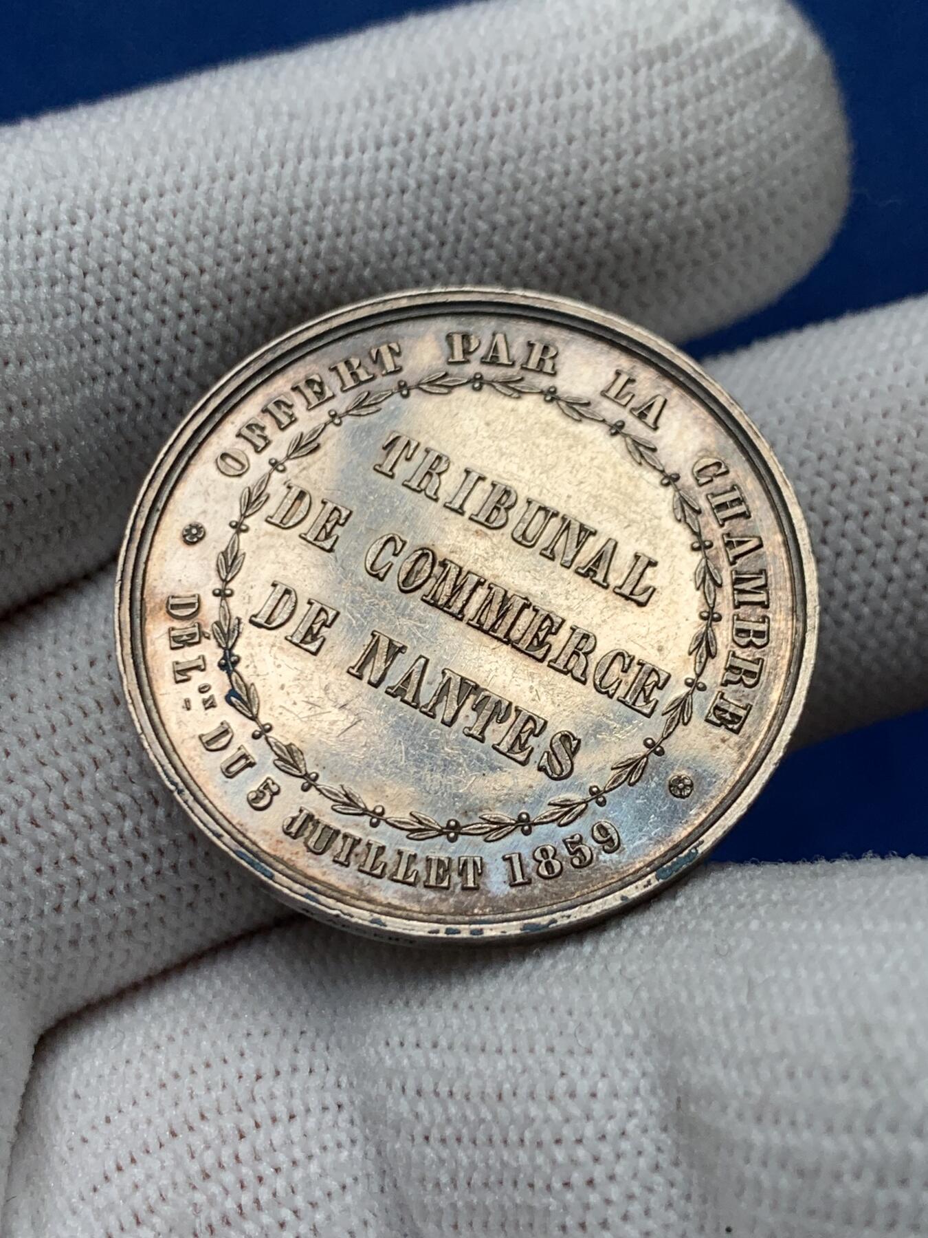 《竞宝斋》第281场- 周日，周一 ，周二3场连拍 （全场包邮） 法国1859南特商业法庭银章 12.87g 31.2mm 蜜蜂边铭
