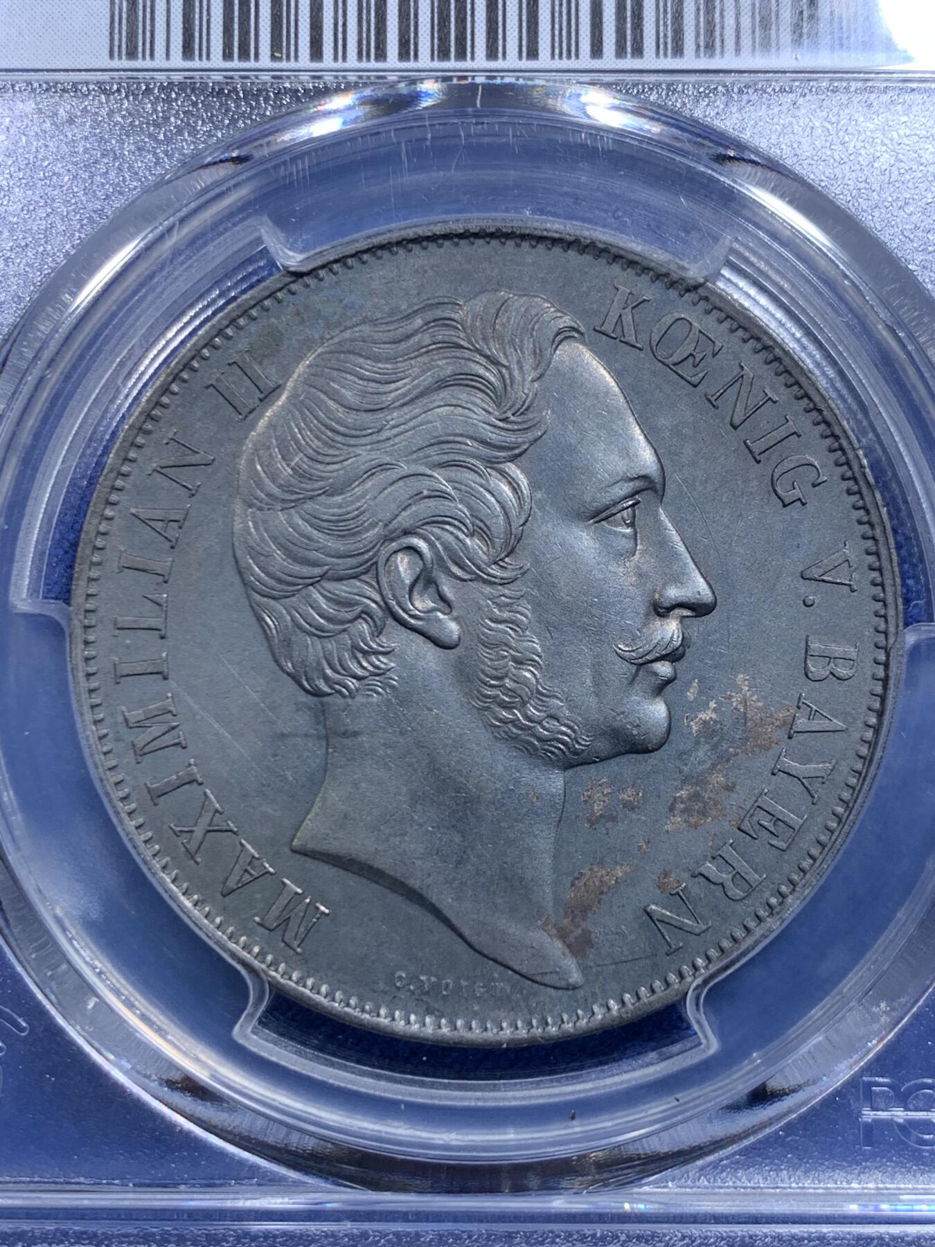 《竞宝斋》第279场- 周日，周一 ，周二3场连拍 （全场包邮） PCGS AU 德国 1855年 巴伐利亚马克西米利安二世圣母抱婴2GUL 双面黑漆古包浆状态上佳。