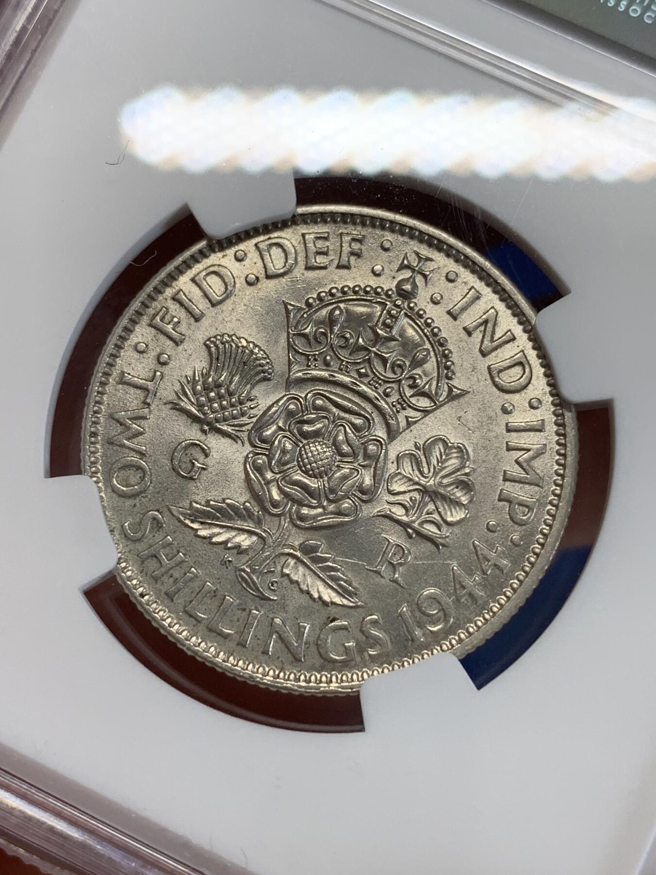 《竞宝斋》第279场- 周日，周一 ，周二3场连拍 （全场包邮） NGC UNCD 英国1944年乔治六世2先令银币