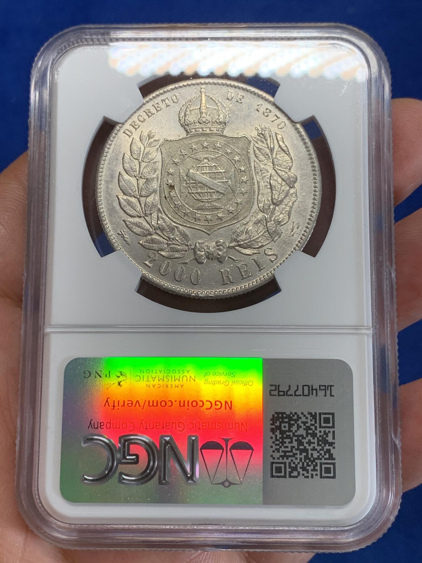 《竞宝斋》第279场- 周日，周一 ，周二3场连拍 （全场包邮） NGC AU 巴西帝国1888年佩德罗二世像2000瑞斯大银币，字口好，带光品相，大热吉祥年。