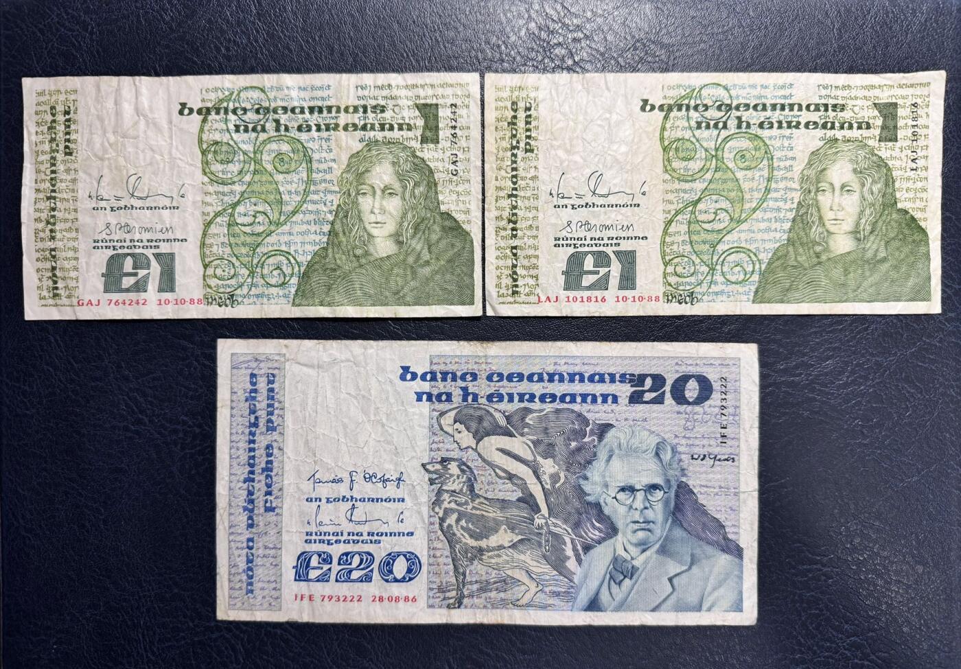 收藏联盟Quantum Auction 第354期拍卖  爱尔兰1988年1镑和1986年20镑222豹子号 品相如图 诗人 叶芝
