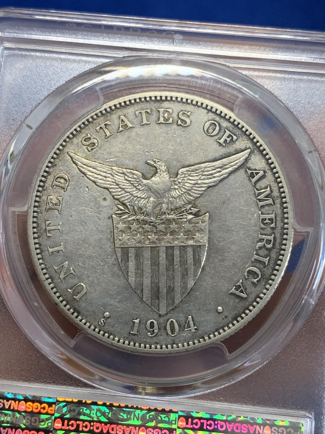 《竞宝斋》第279场- 周日，周一 ，周二3场连拍 （全场包邮） PCGS AUD 美属菲律宾1904年自由女神打铁1比索银币