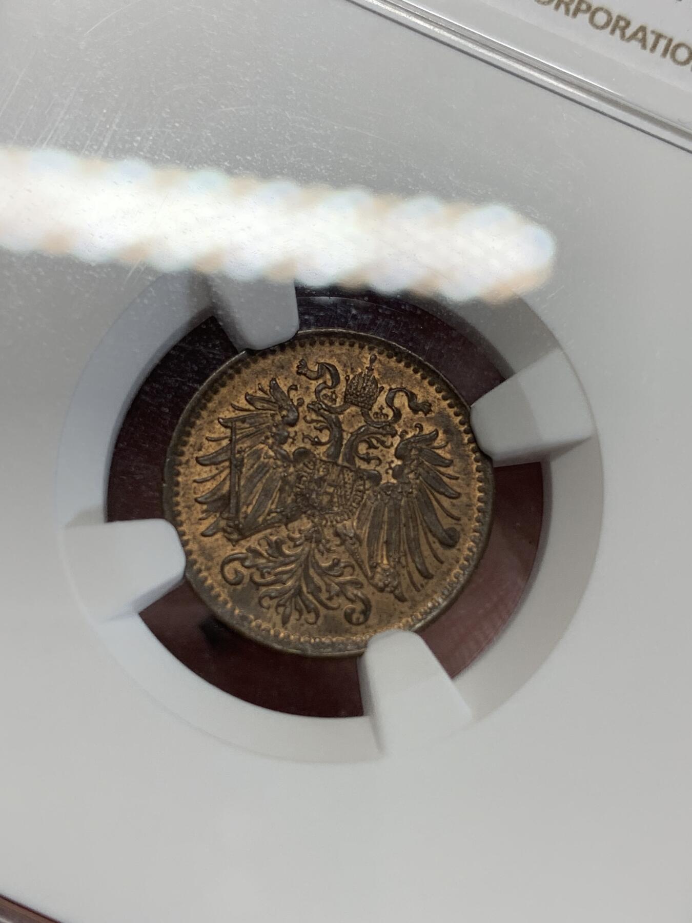 《竞宝斋》第279场- 周日，周一 ，周二3场连拍 （全场包邮） NGC MS63RB 奥匈帝国1897年1赫勒铜币 少见品种